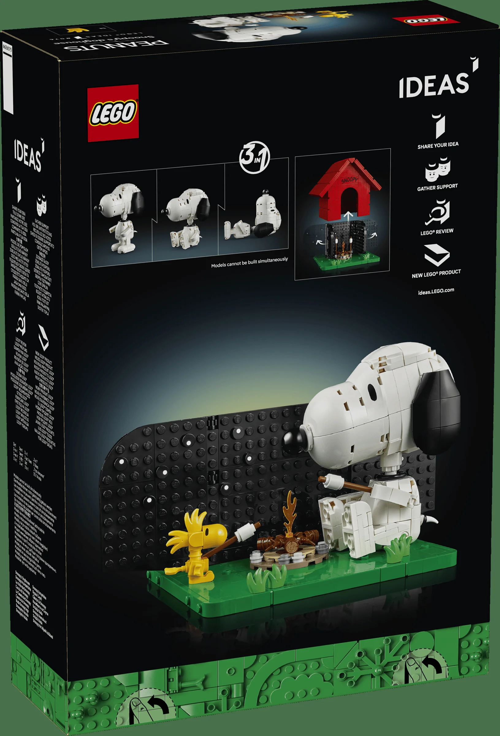 Cutia LEGO cu Snoopy, arătând modele alternative și funcțiile. Un set de colecție plin de nostalgie.