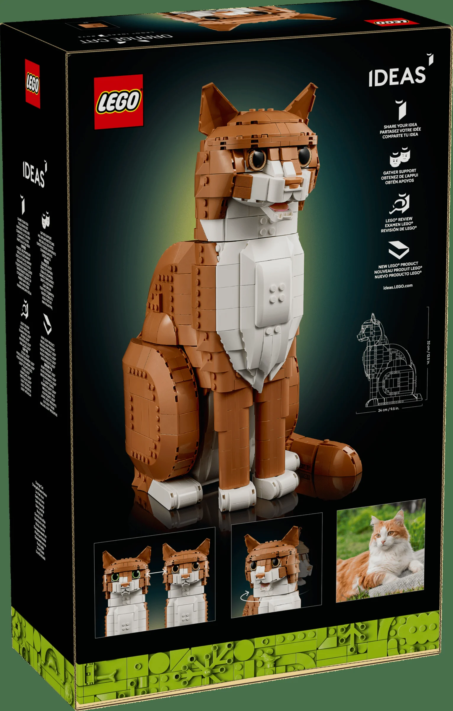 Cutie LEGO Ideas 21376 Pisică Portocalie, cu modelul construit și detalii despre programul Ideas.