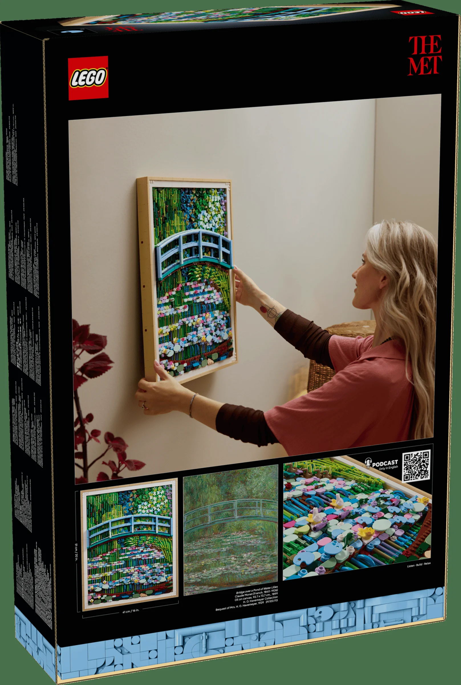 Imagine cu spatele cutiei setului LEGO Claude Monet, arătând modelul și dimensiunile.