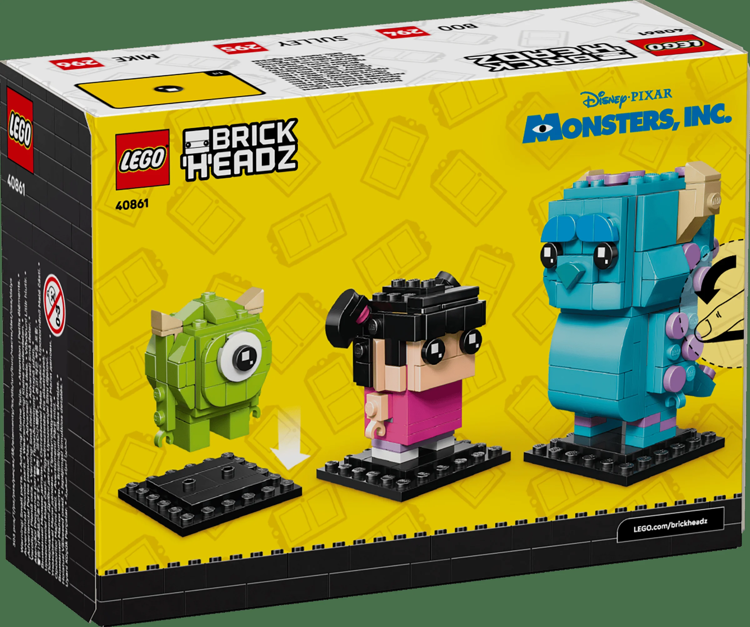 Cutia LEGO BrickHeadz 40861, cu Sulley, Mike și Boo. Personajele din Monsters, Inc. sunt reprezentate. 