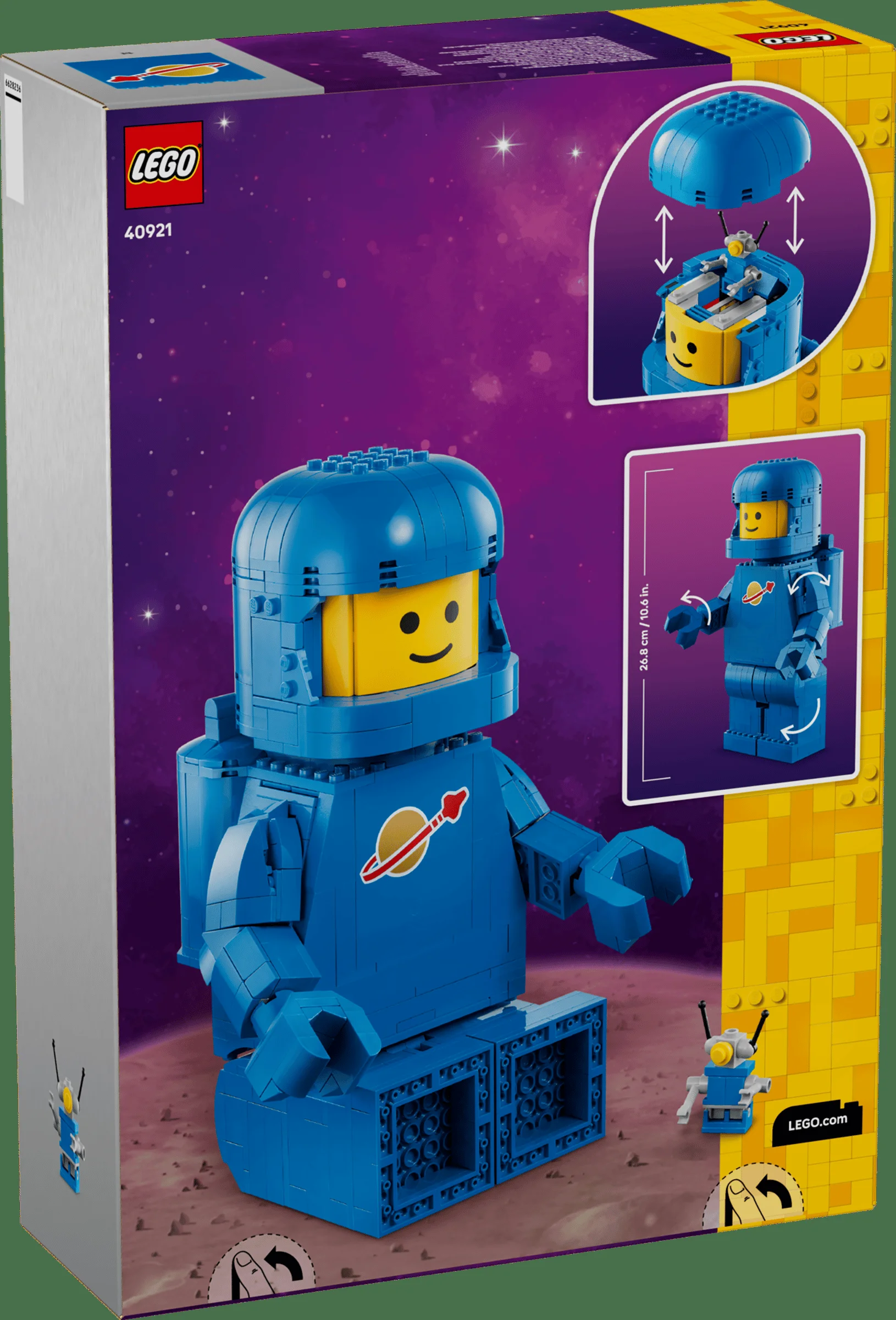 Cutie cu astronautul albastru LEGO mărit, cu detalii despre cască și dimensiuni. O jucărie creativă pentru fani.
