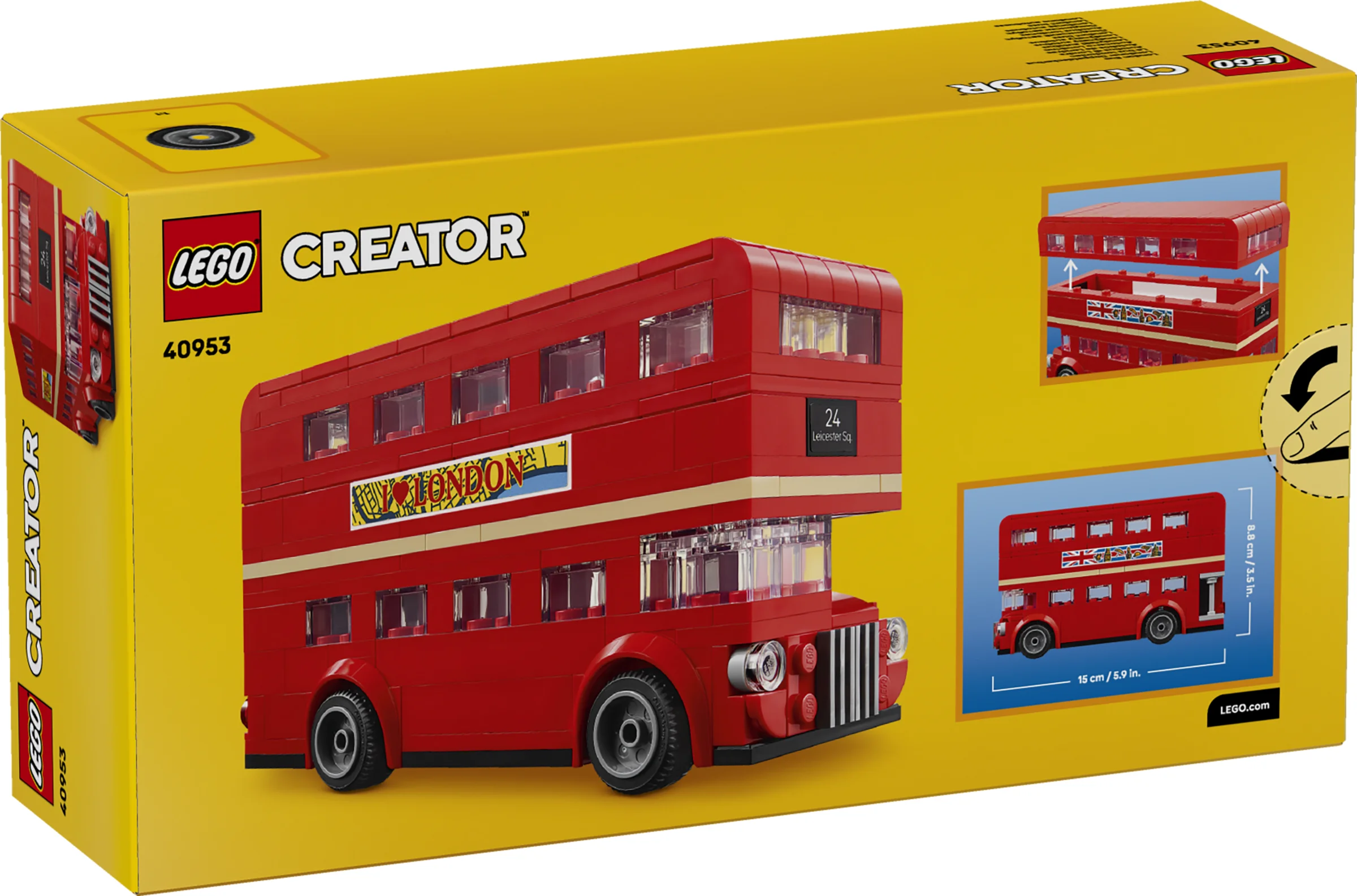 Cutia setului LEGO Creator 40953 Autobuz Londonez, cu modelul și detalii despre demontare.