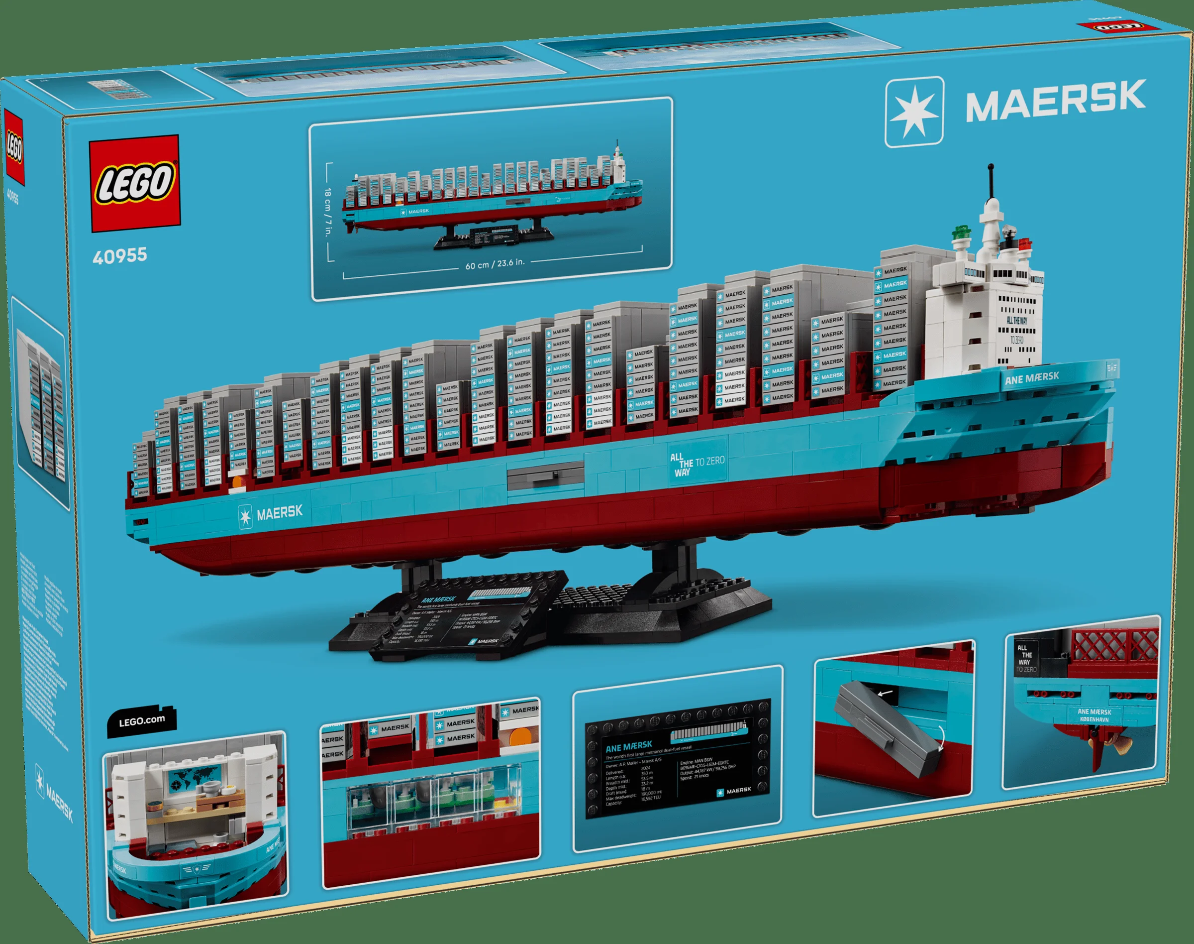 Cutia LEGO 40955 Maersk, cu modelul complet al vasului și detalii despre acesta. Design atrăgător.