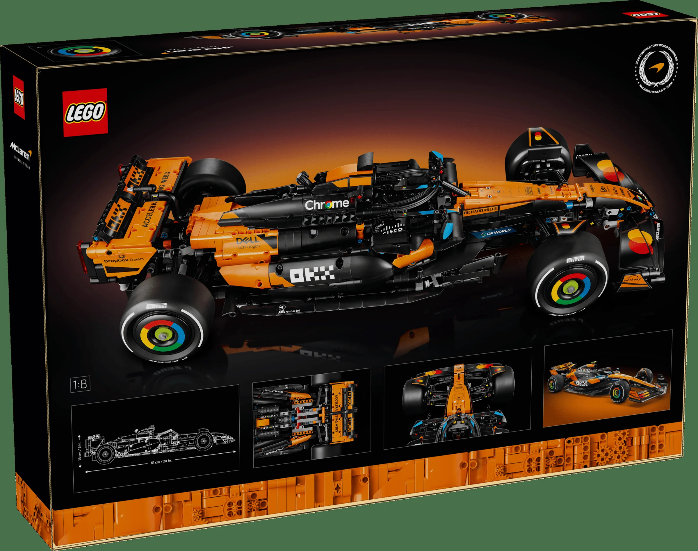 Cutie LEGO Technic McLaren F1 MCL39, cu modelul mașinii, logo-uri și dimensiuni indicate. Produs detaliat.
