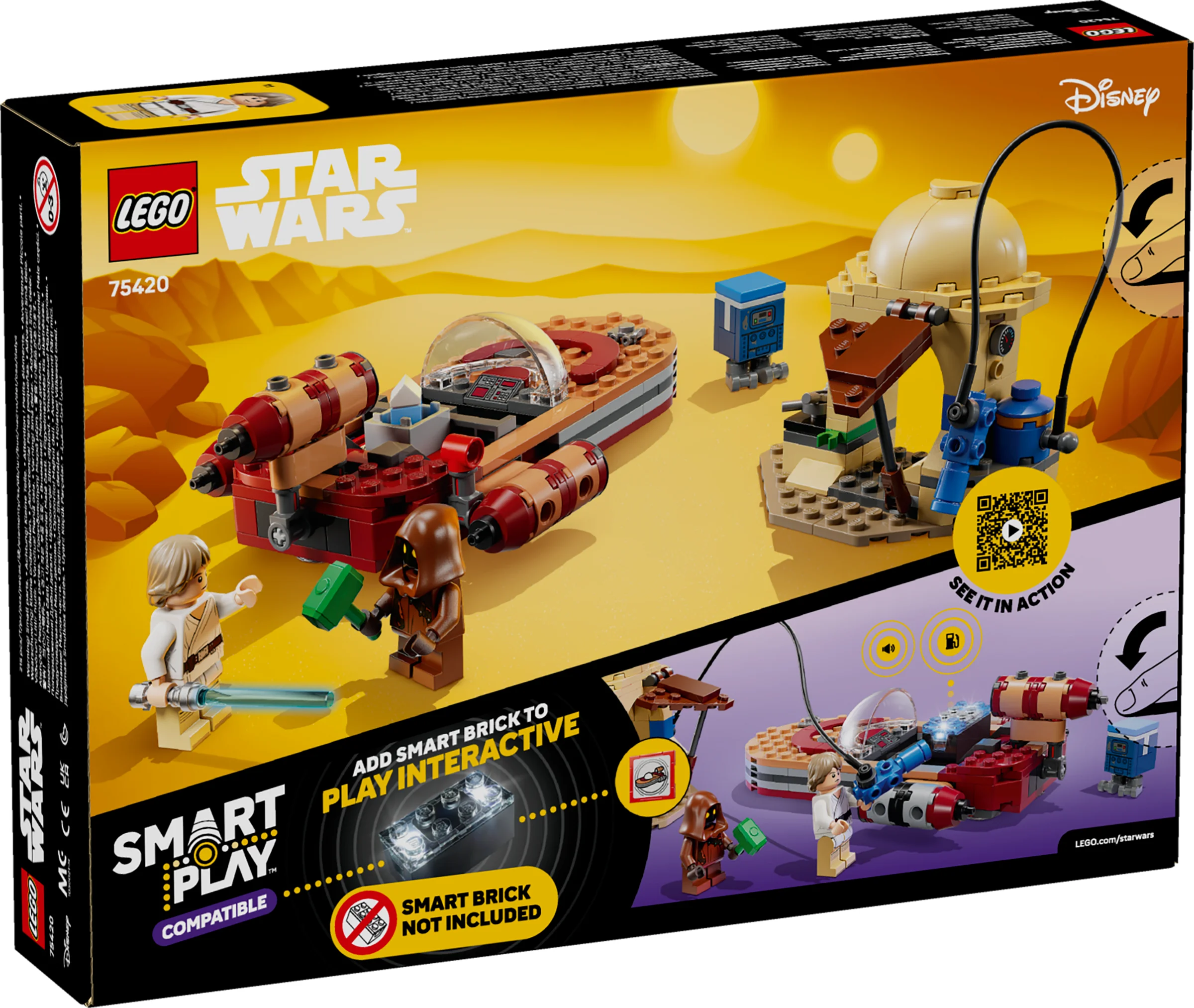 Cutia setului LEGO Star Wars 75420 Landspeeder prezintă modelul, minifigurine și funcții interactive.
