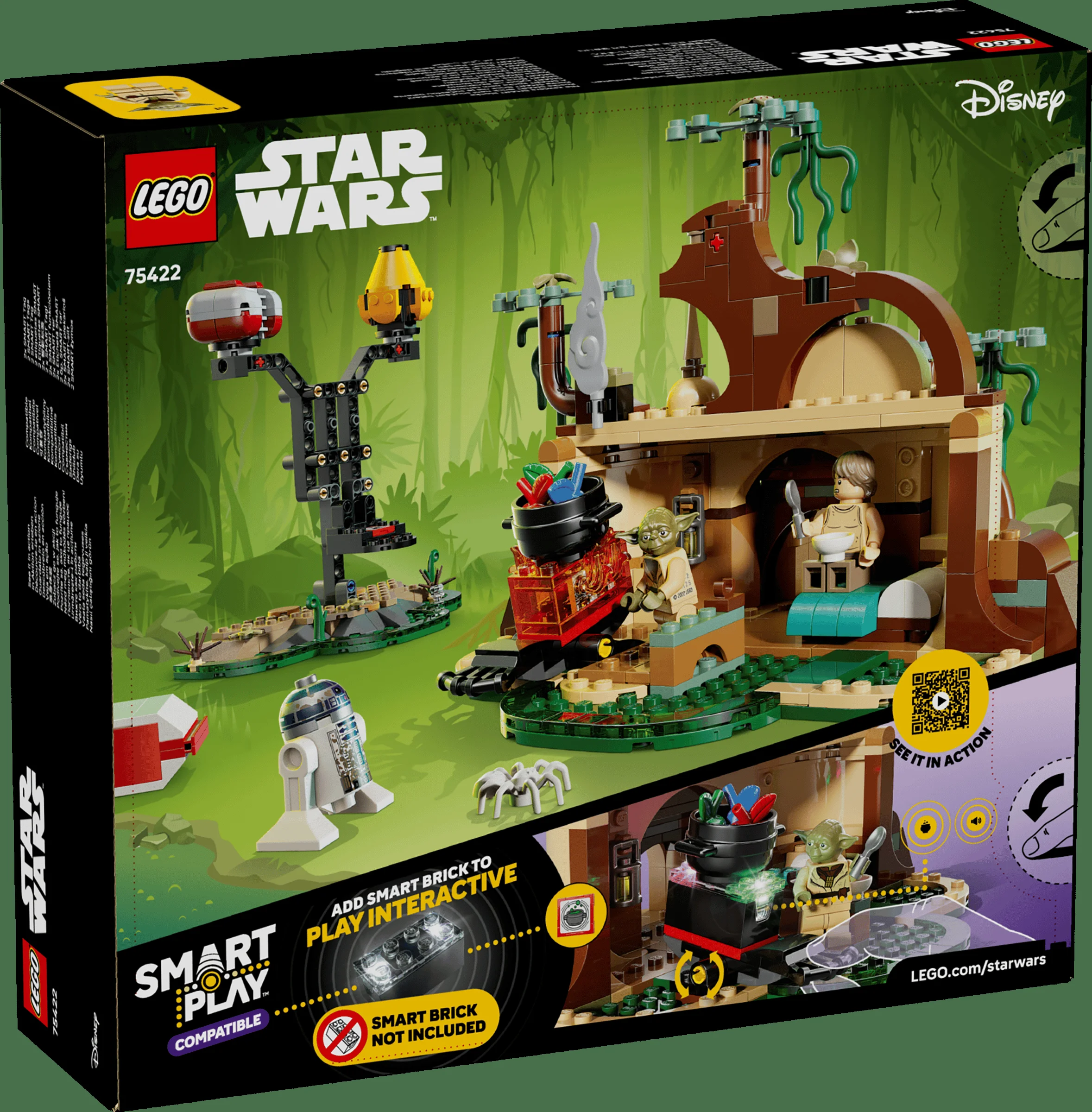 Cutia LEGO 75422 Yoda's Hut, cu minifigurine Yoda, Luke și R2-D2, plus scene din antrenament.