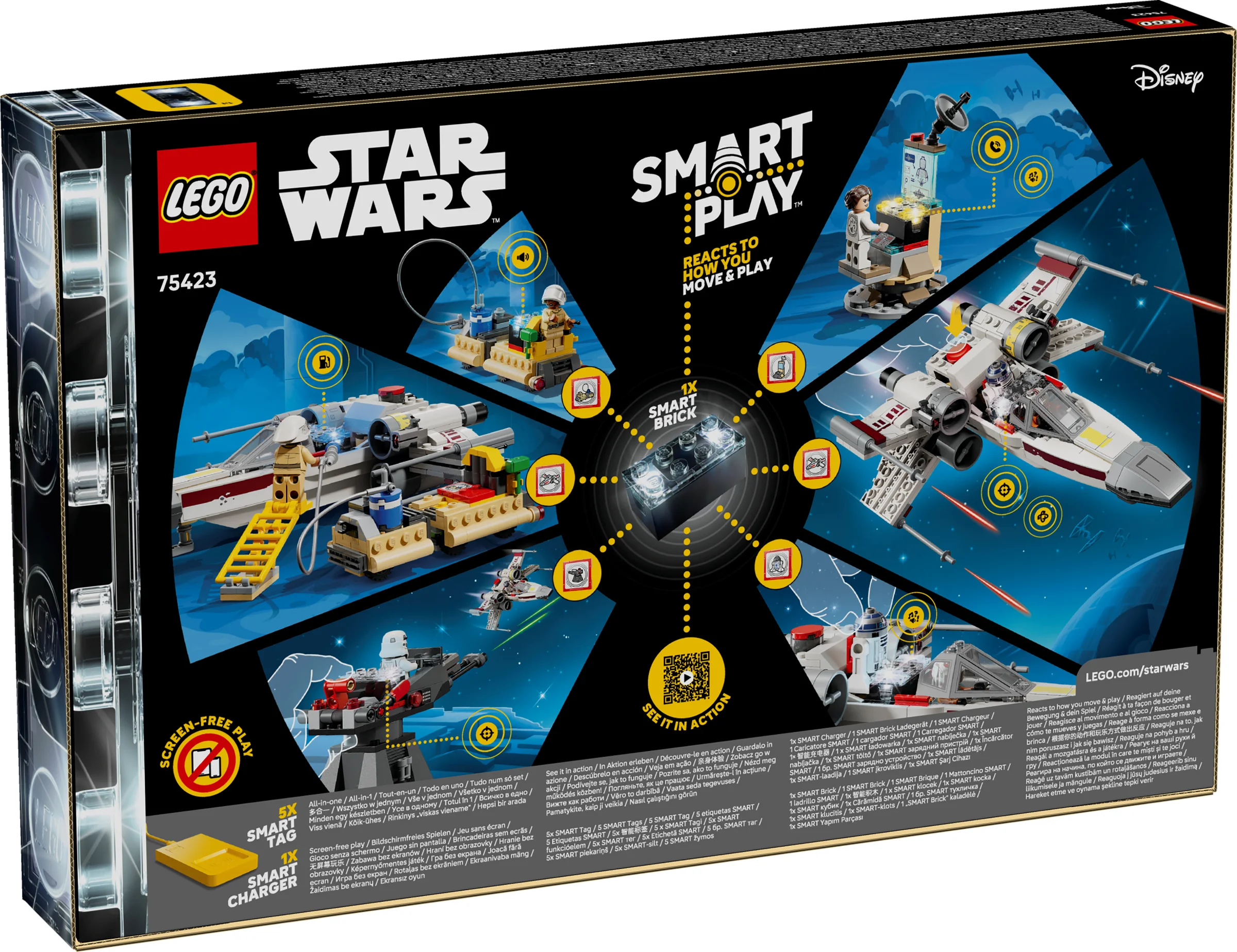 Imagine cu spatele cutiei setului LEGO Star Wars 75423, X-wing-ul lui Luke.