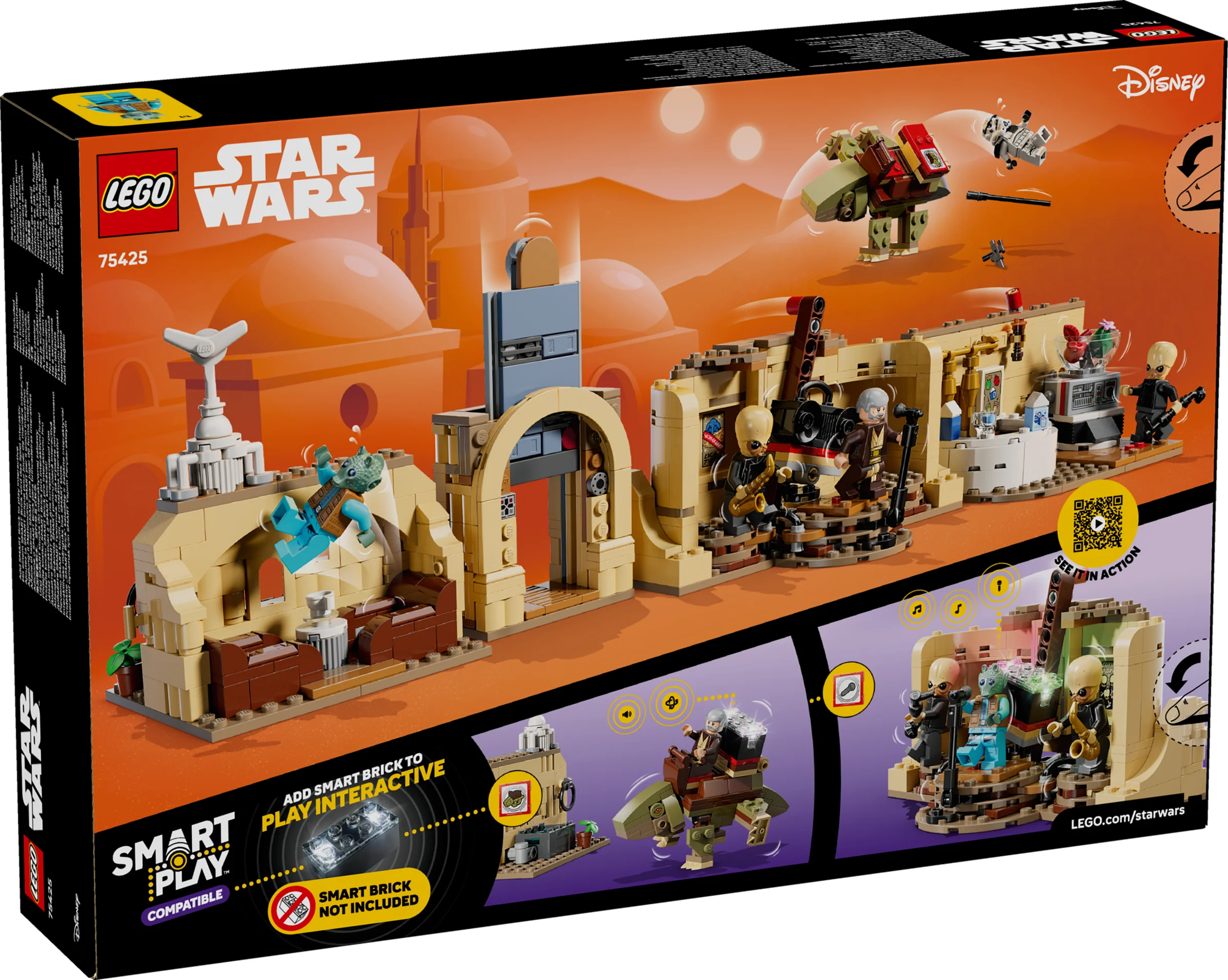 Cutia LEGO Star Wars 75425 Mos Eisley Cantina, cu modelul complet și minifigurinele incluse.