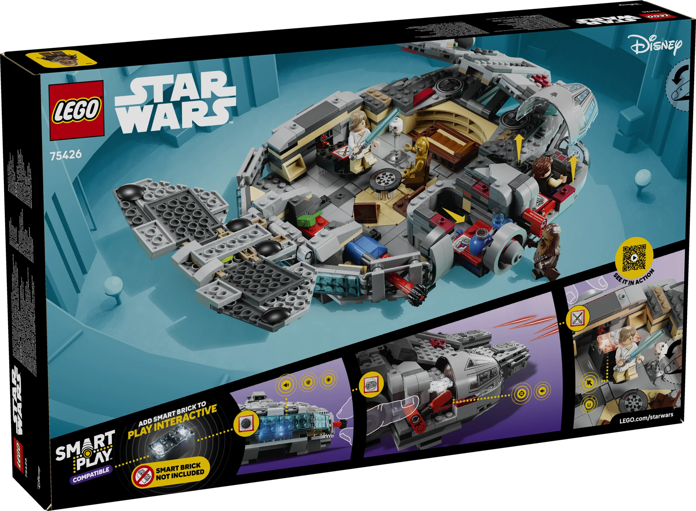 Cutia setului LEGO 75426 Millennium Falcon, cu modelul și minifigurinele. Are funcții interactive activate de smart brick.
