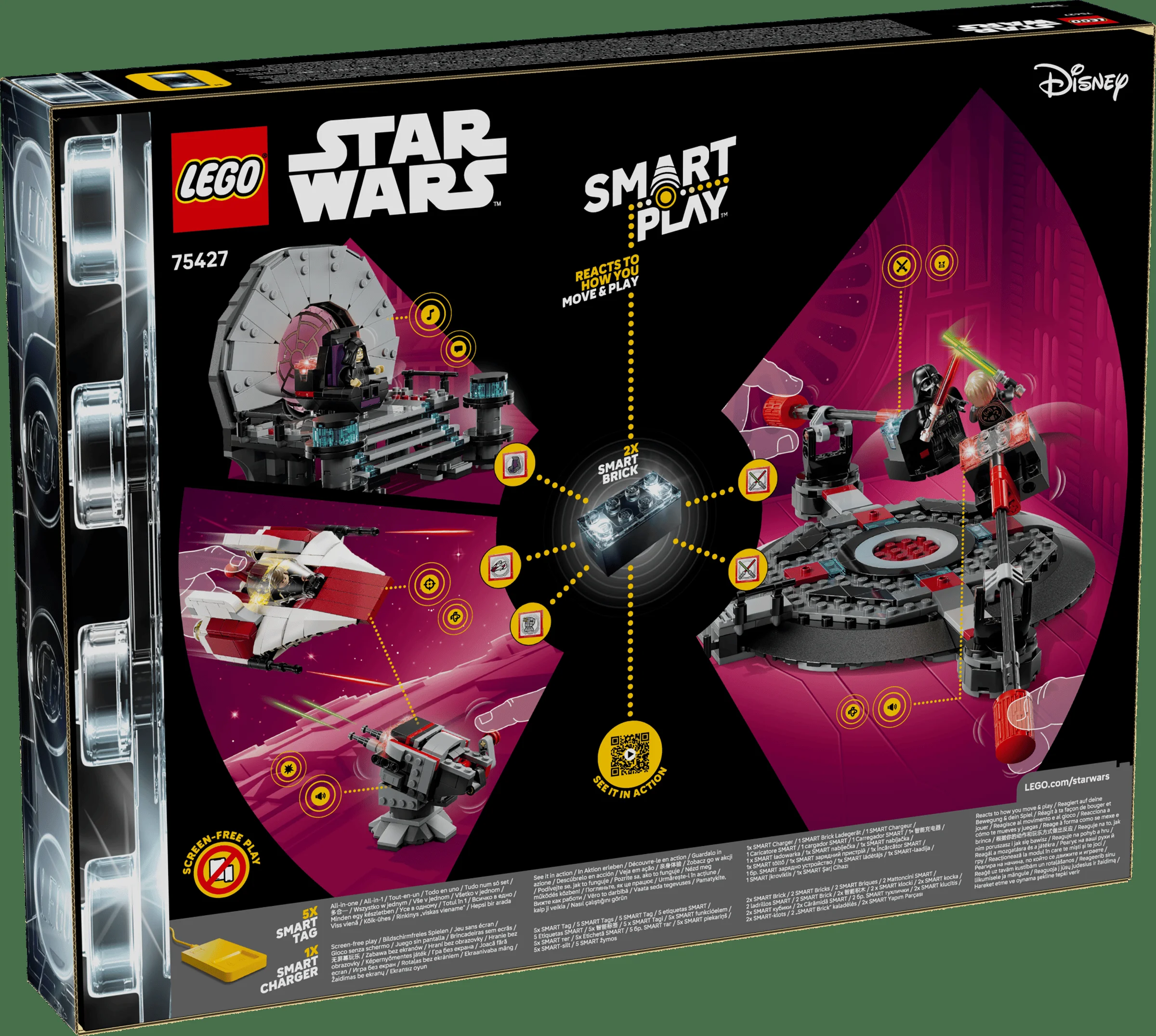 Imaginea cutiei cu setul LEGO 75427, prezentând duelul din sala tronului și nava A-wing.