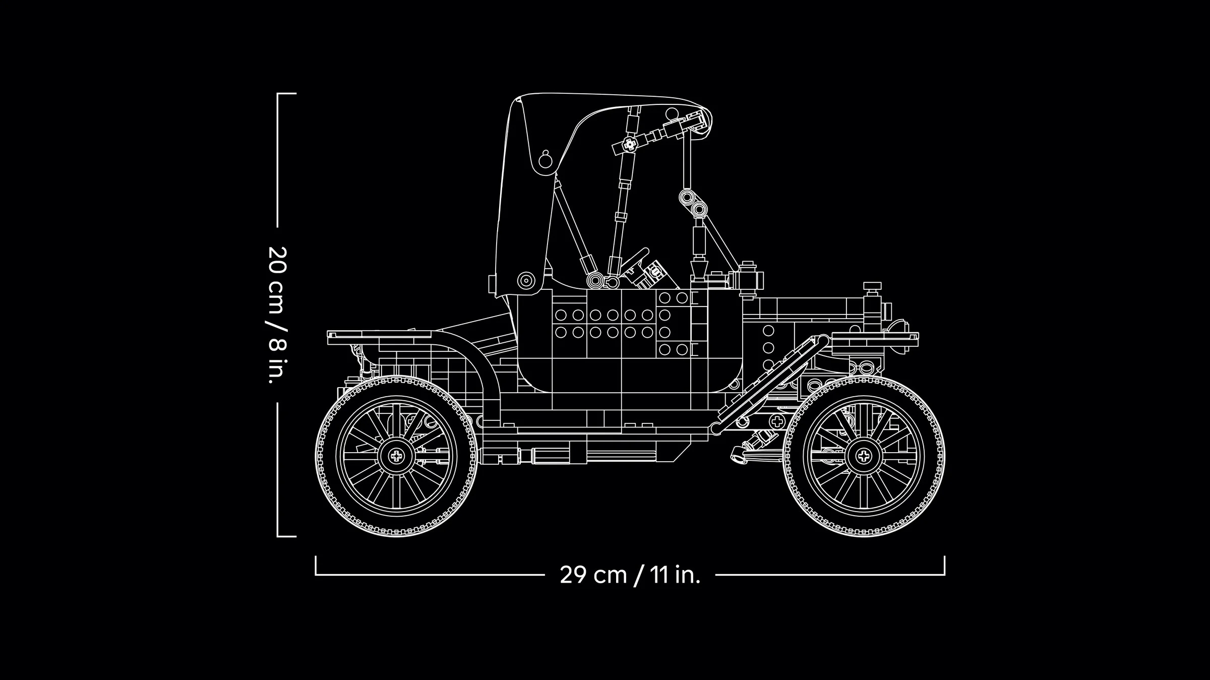 Ilustrație tehnică a modelului Ford Model T, cu dimensiuni: 20 cm înălțime, 29 cm lungime.