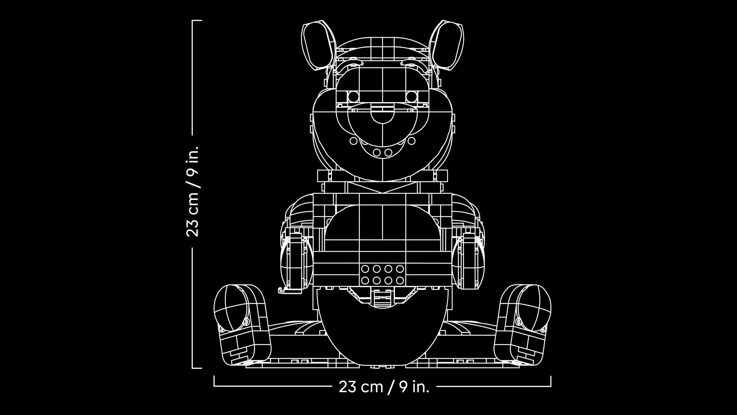 Dimensiunile lui Winnie the Pooh construit din LEGO: 23cm înălțime și lățime.