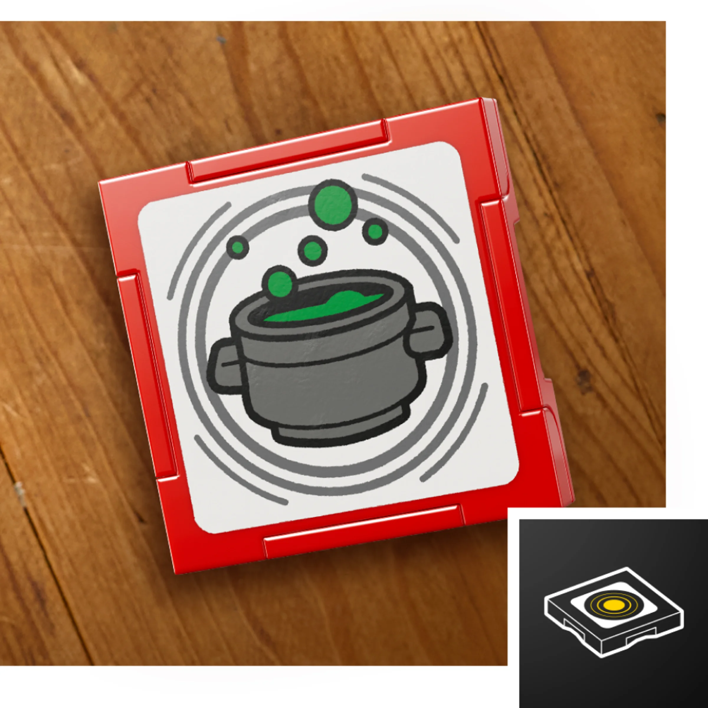 Detaliu cu placa LEGO imprimată cu o oală și băutură verde, parte din setul Yoda.