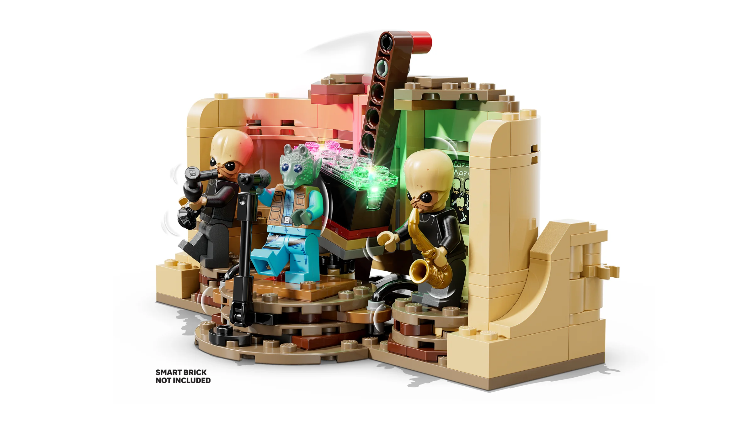 Miniaturi LEGO cântând în cantina Mos Eisley, detaliu cu lumini și muzicieni.