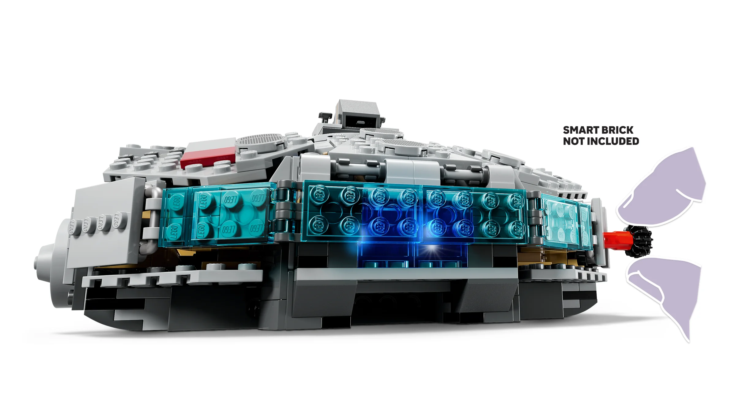 Detaliu al modelului Millennium Falcon, cu efecte de lumină (baterie/componentă inteligentă nu este inclusă).