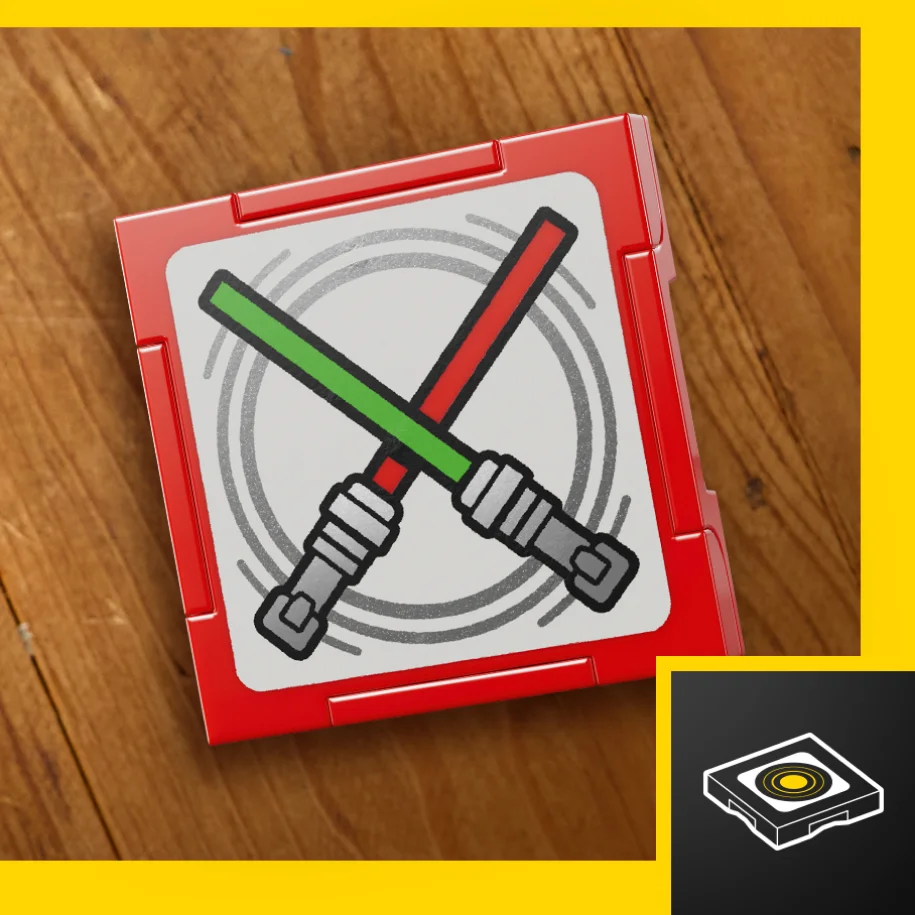 Detaliu cu un pătrat roșu decorat cu săbii laser încrucișate, parte a setului LEGO Star Wars.