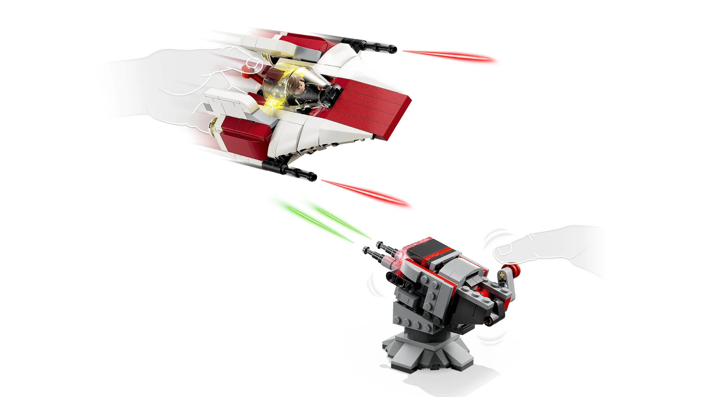 A-wing atacă turela! Imagine din setul LEGO Star Wars. Acțiune, aventură și imaginație!