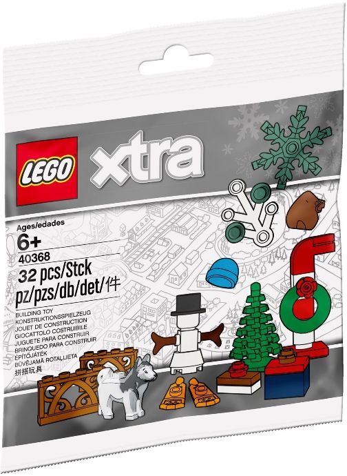 Setul de accesorii de Crăciun LEGO 40368 include un ren, un brad și cadouri festive.