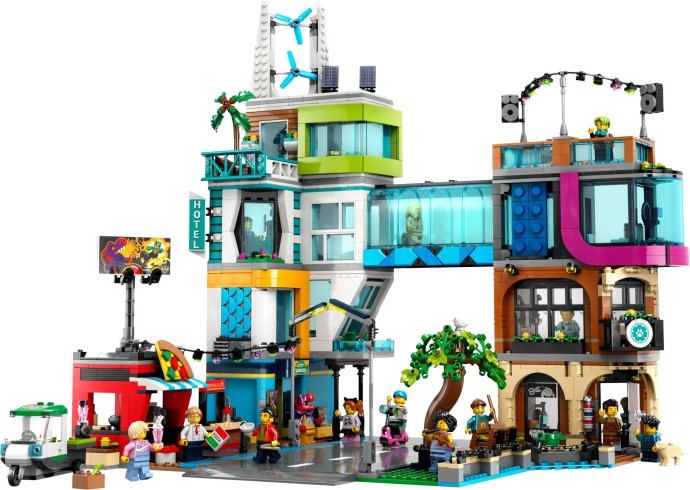 Setul LEGO 60380 Centrul Orașului, o construcție modulară detaliată cu clădiri moderne și minifigurine.