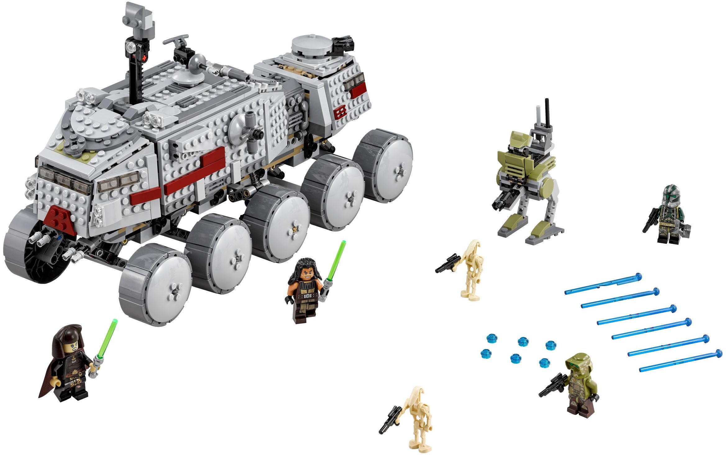 Setul LEGO 75151 Clone Turbo Tank, un vehicul blindat masiv cu zece roți și minifigurine