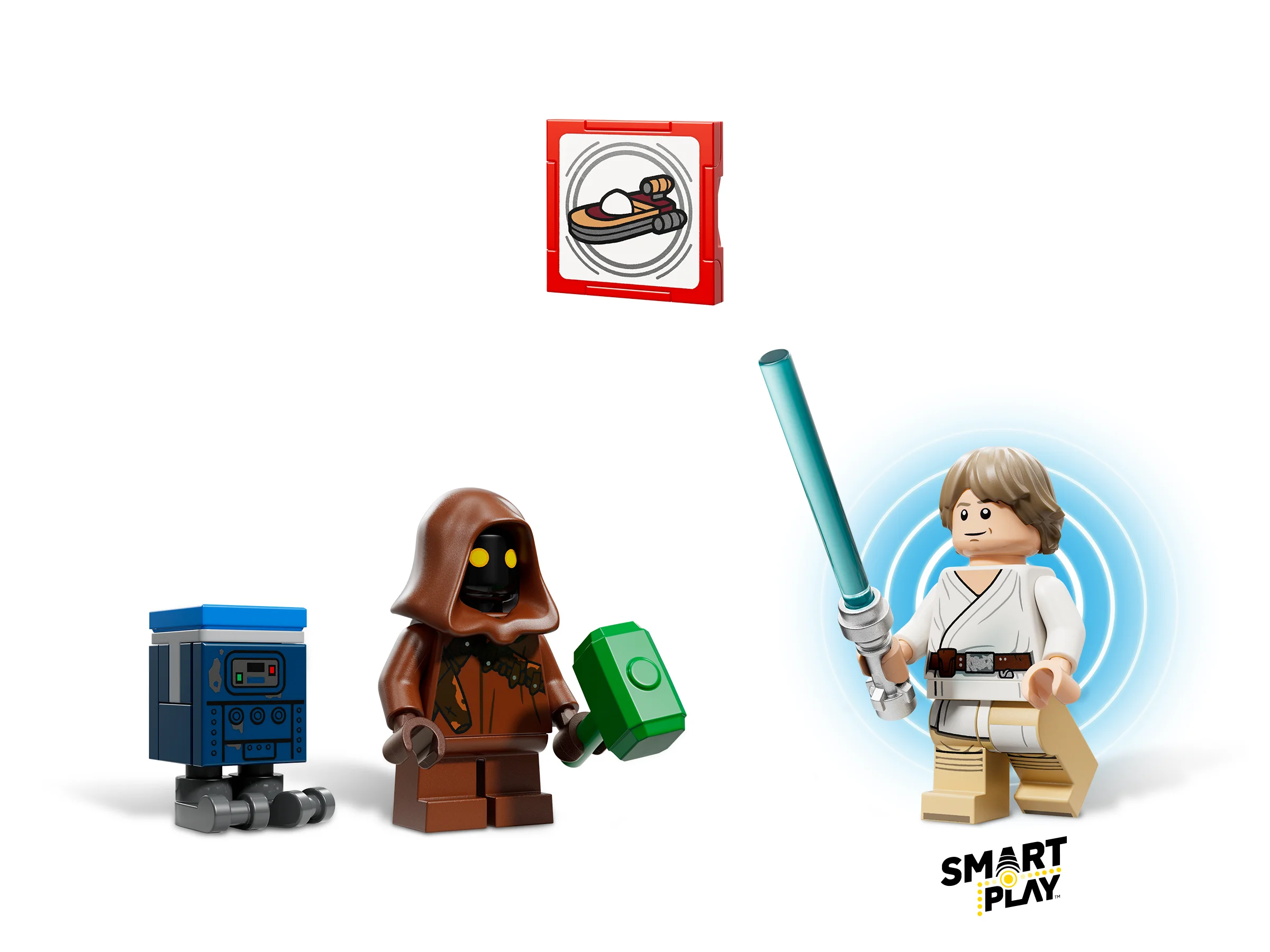 Prezentare minifigurine: Luke Skywalker, Jawa și droid, plus o țiglă imprimată. Detalii realiste.