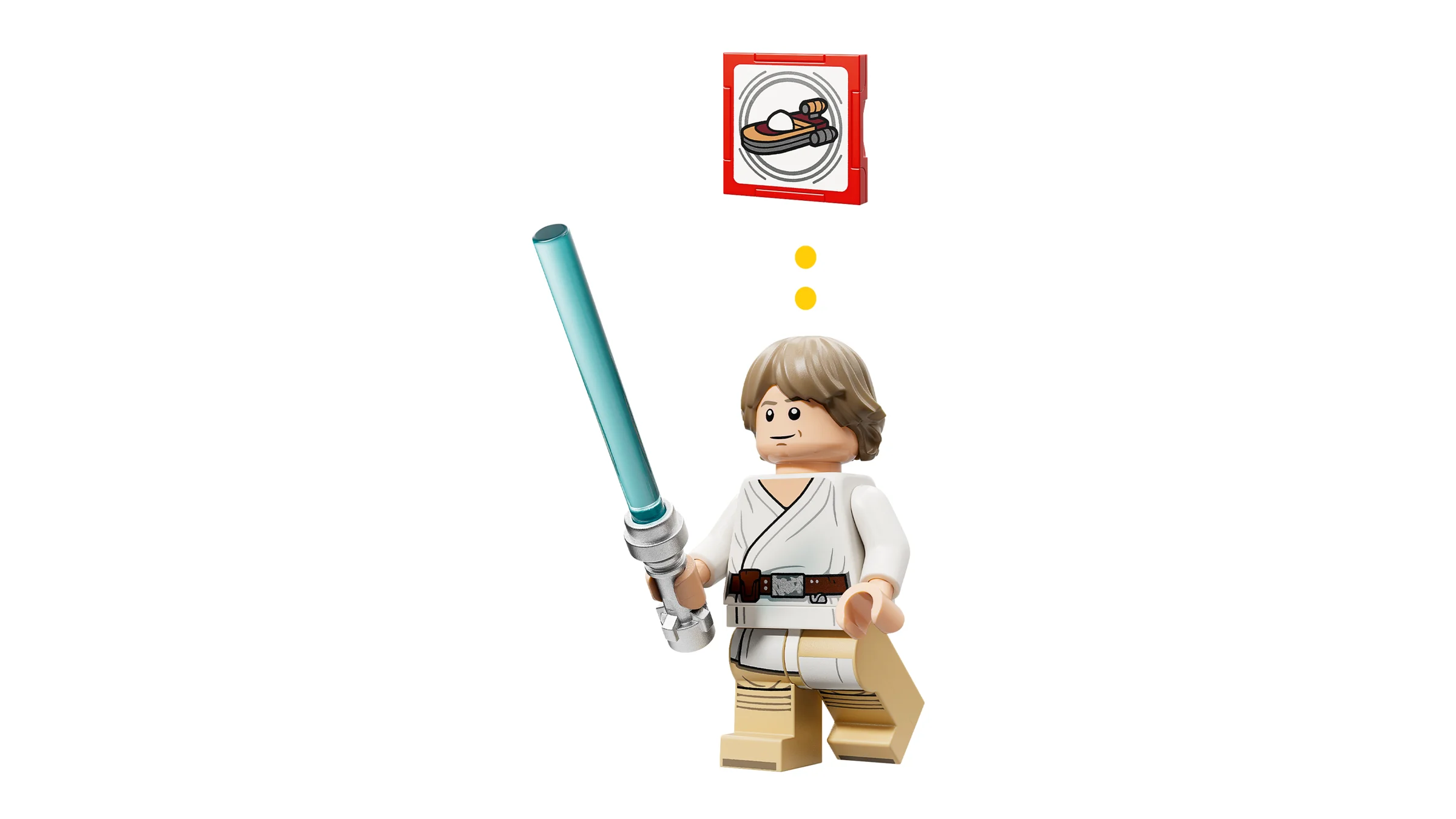 Prim-plan cu minifigurina Luke Skywalker cu lightsaber și simbolul Landspeeder.