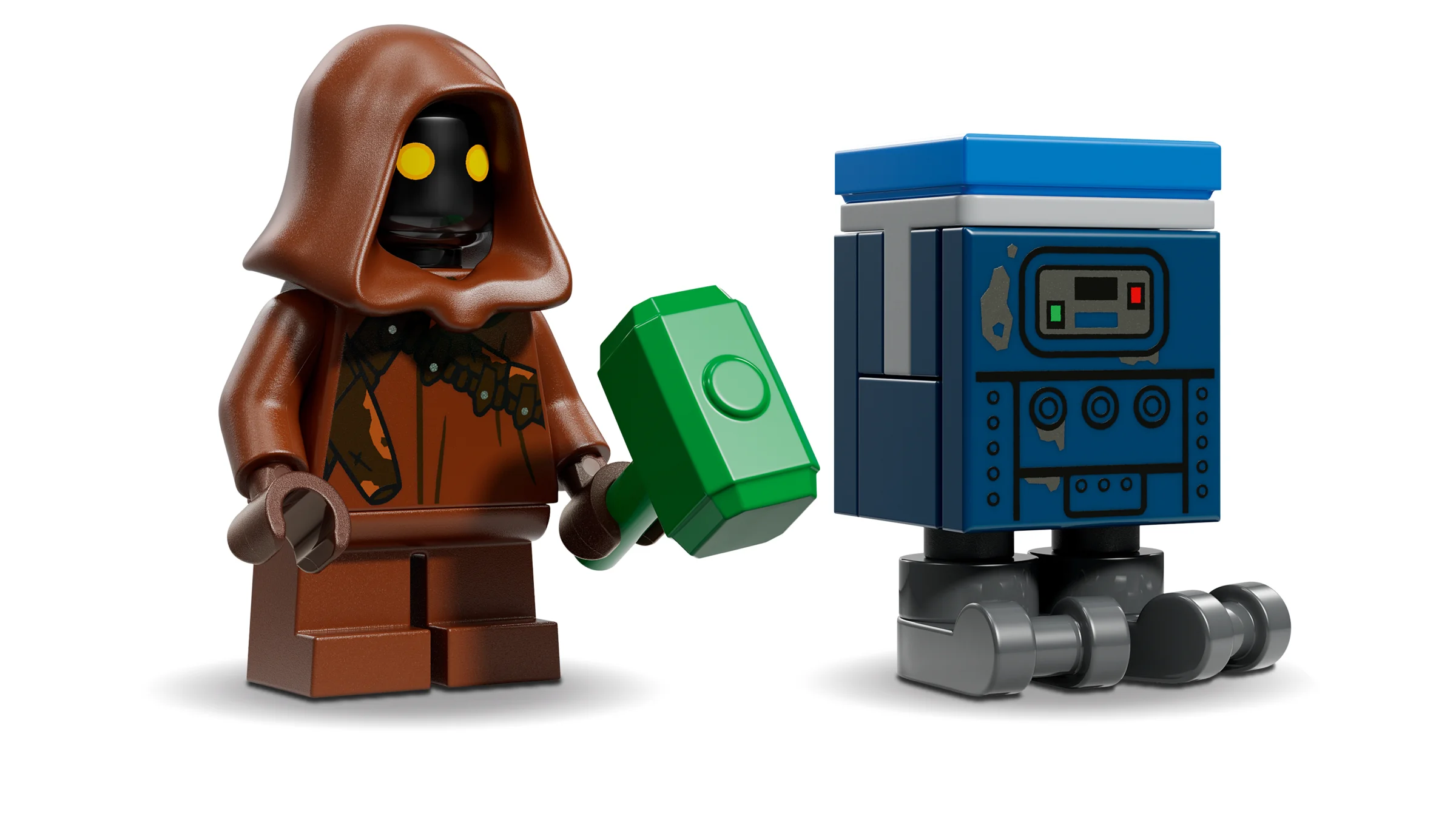 Prim plan cu minifigurinele Jawa și droid din setul Landspeeder. Detalii realiste.
