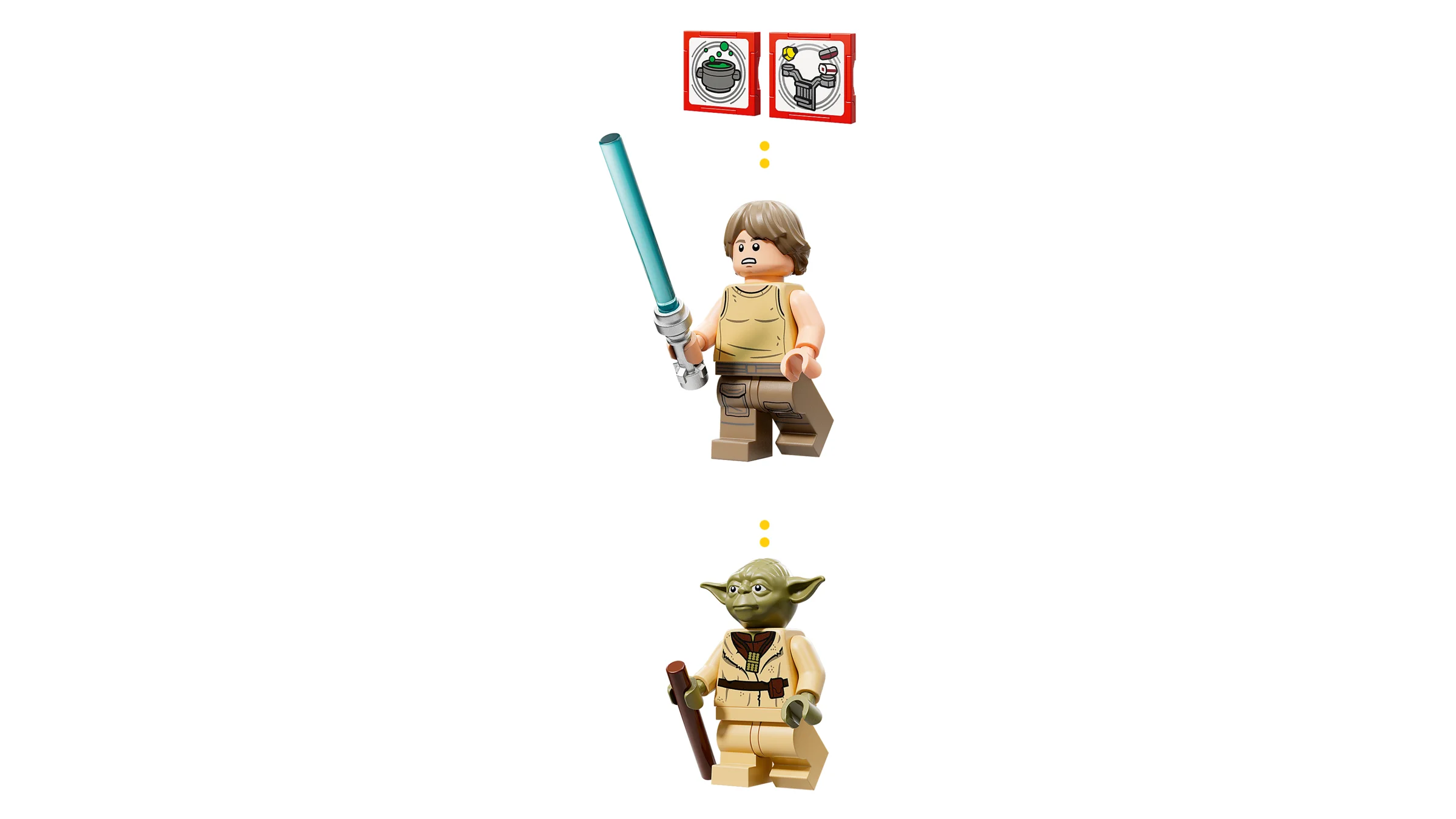 Luke Skywalker și Yoda, minifigurine detaliate din setul LEGO Star Wars. Detalii precise ale personajelor.