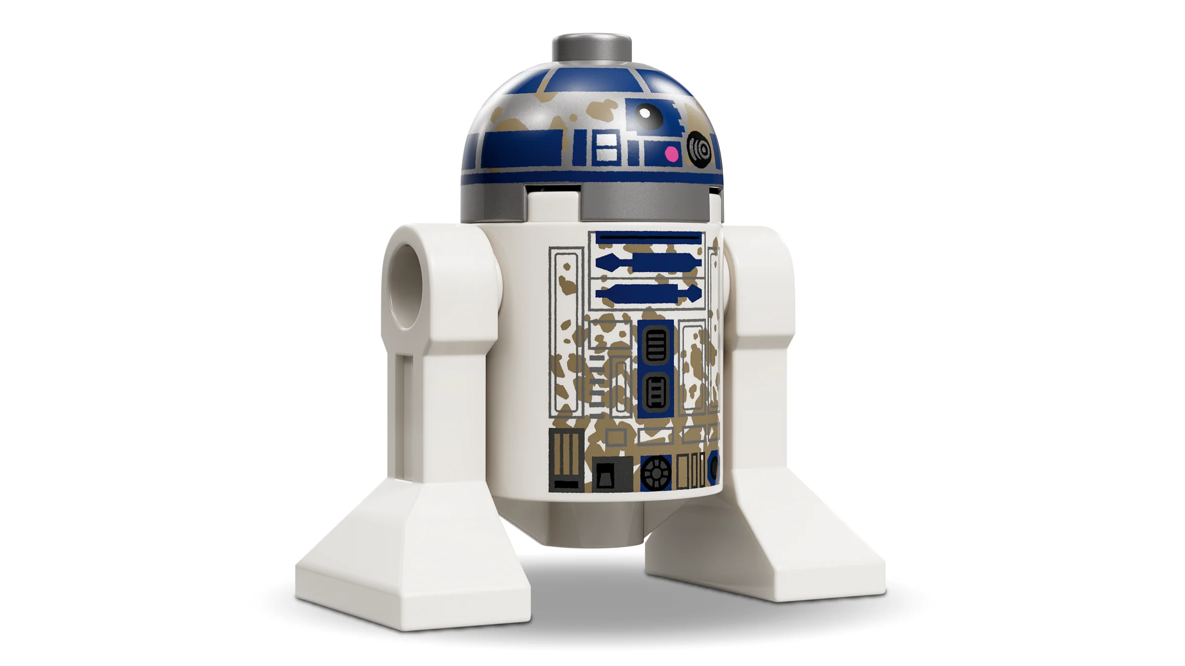 Imagine cu minifigurina R2-D2 murdară, inclusă în setul Yoda's Hut, Star Wars.