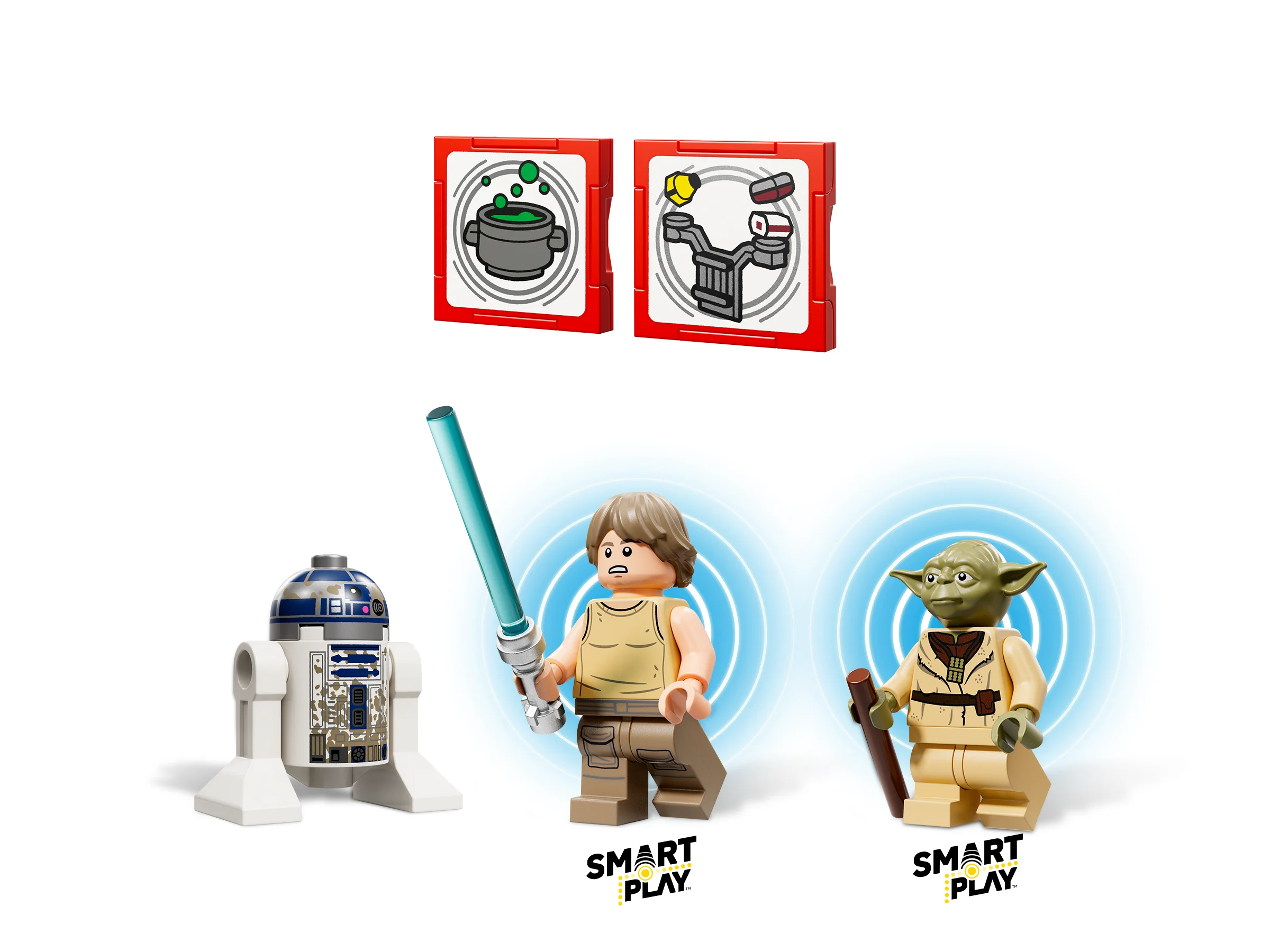 Imagine cu minifigurinele LEGO Yoda, Luke Skywalker și R2-D2, plus elemente de antrenament.