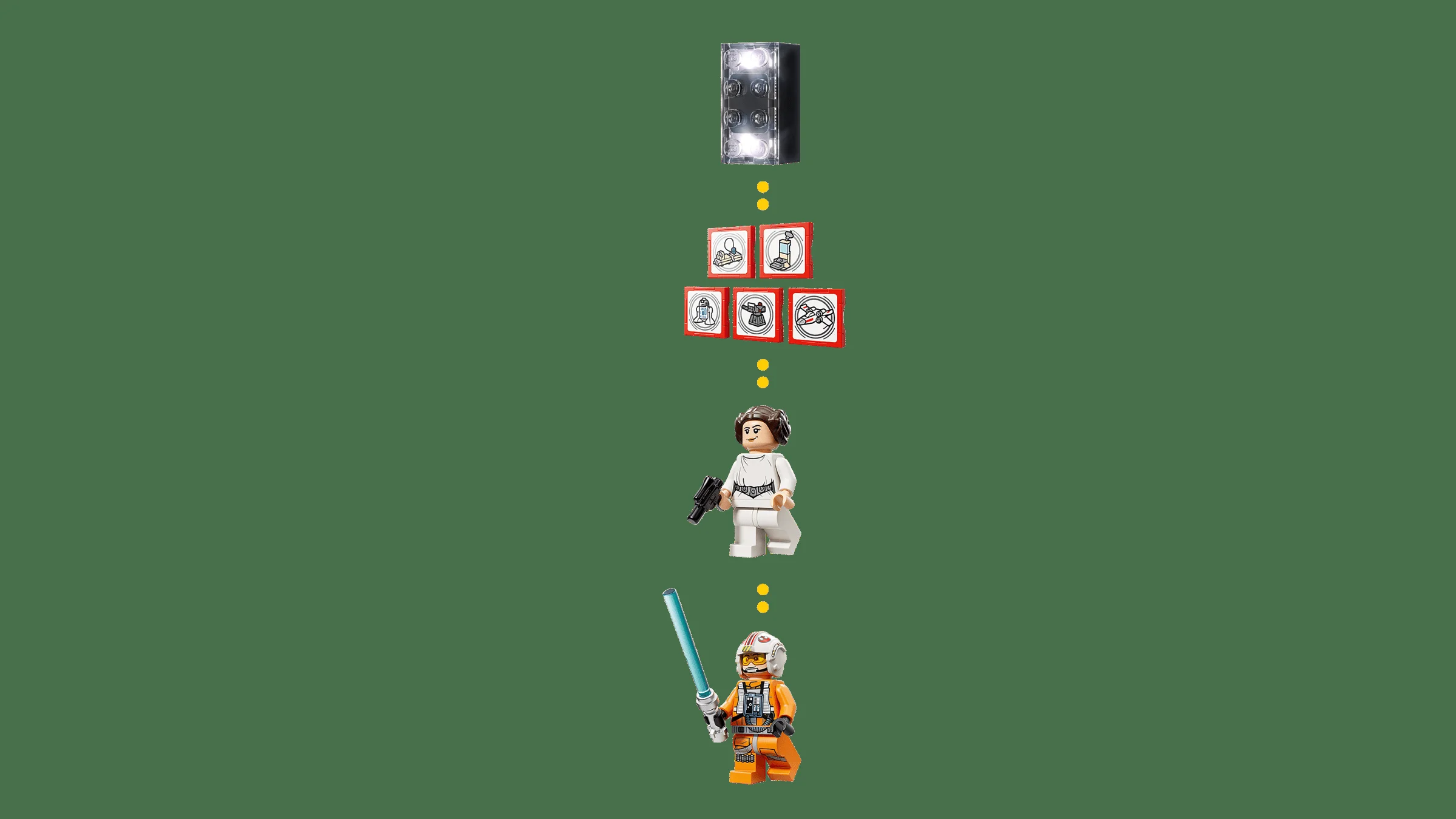 Componente detaliate: cărămidă luminoasă, elemente grafice și minifigurine Luke și Leia.