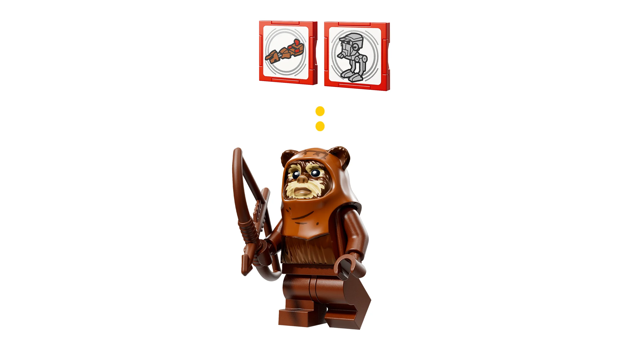 Mini-figurina Ewok detaliată, cu arcul său. Două cărți ilustrează modalități de distrugere a AT-ST.
