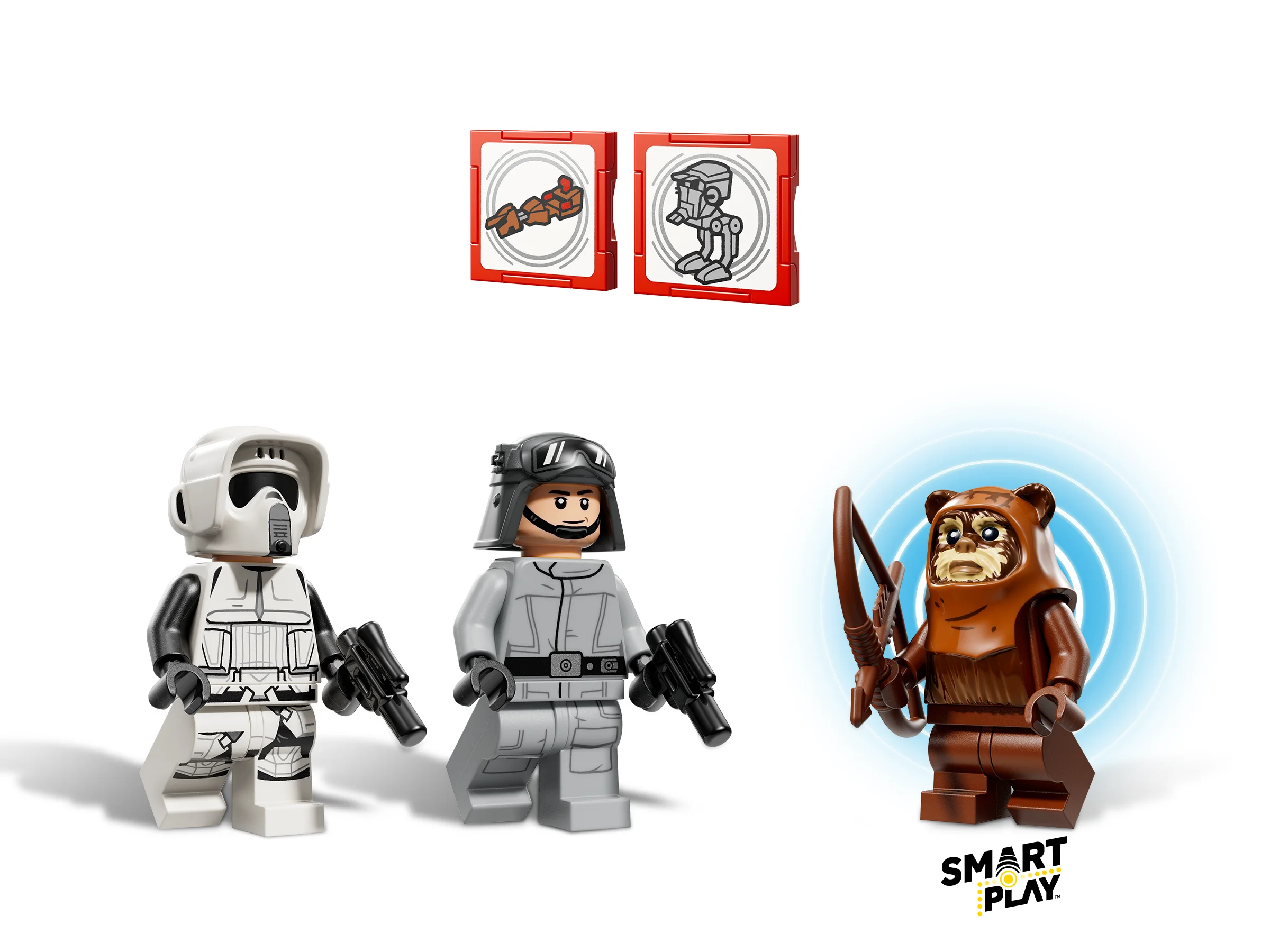 Prim-plan cu minifigurinele setului: soldați imperiali și un Ewok. Detalii bune ale figurinelor.