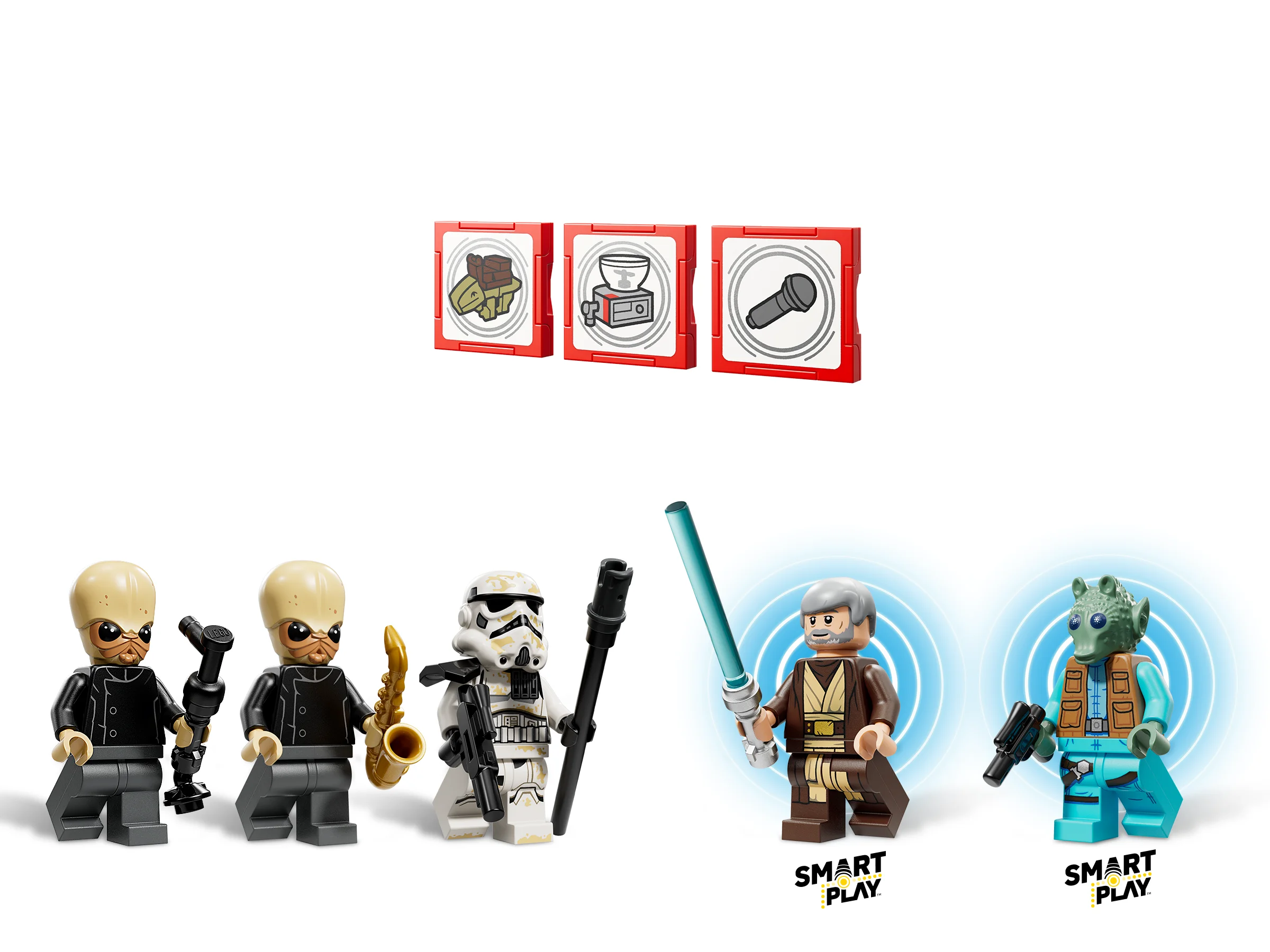 Minifigurinele LEGO Star Wars Mos Eisley Cantina: membrii trupei, Obi-Wan, Stromtrooper, ș.a.