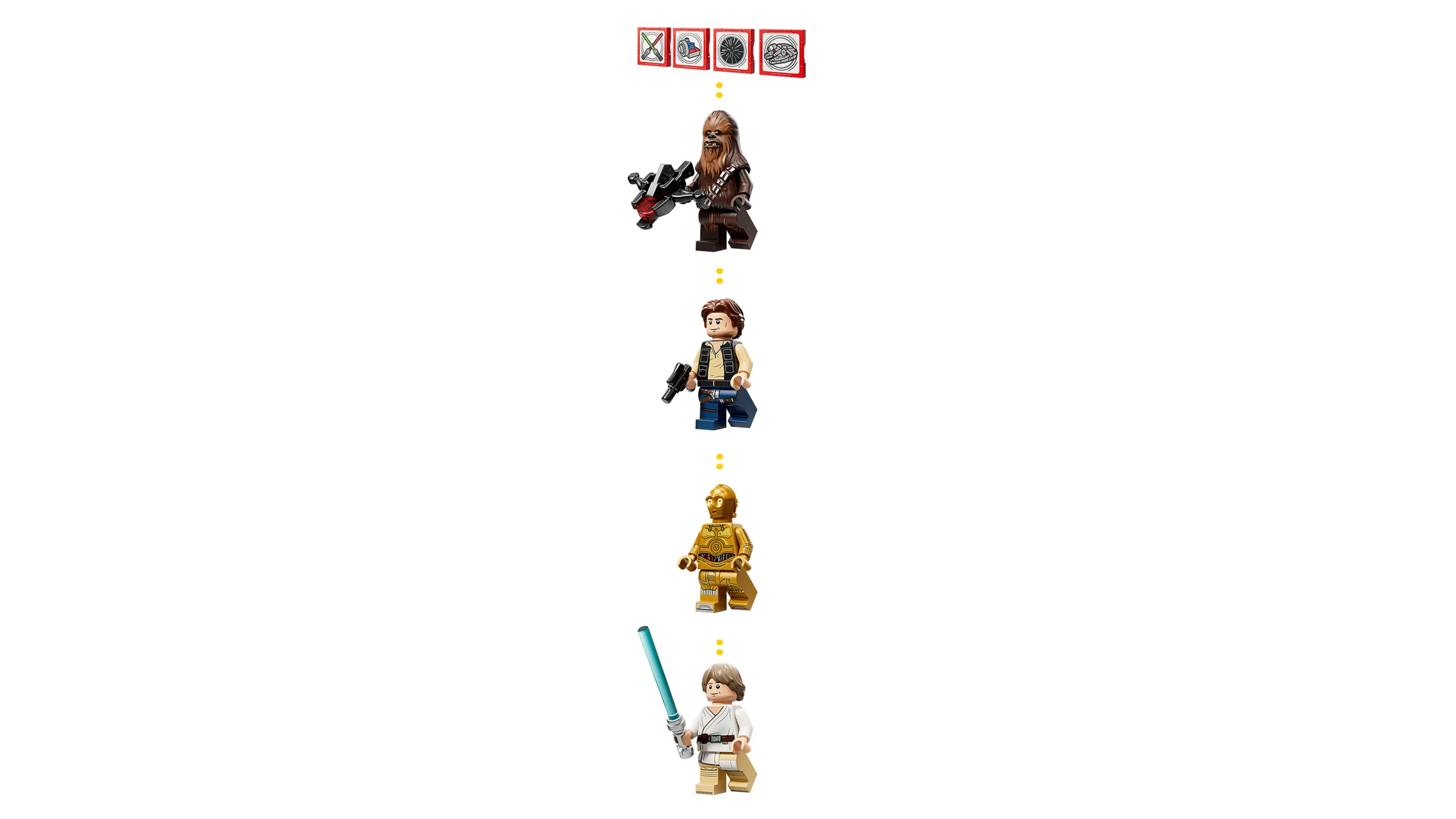 Minifigurinele Chewbacca, Han Solo, C-3PO și Luke Skywalker din setul LEGO 75426.
