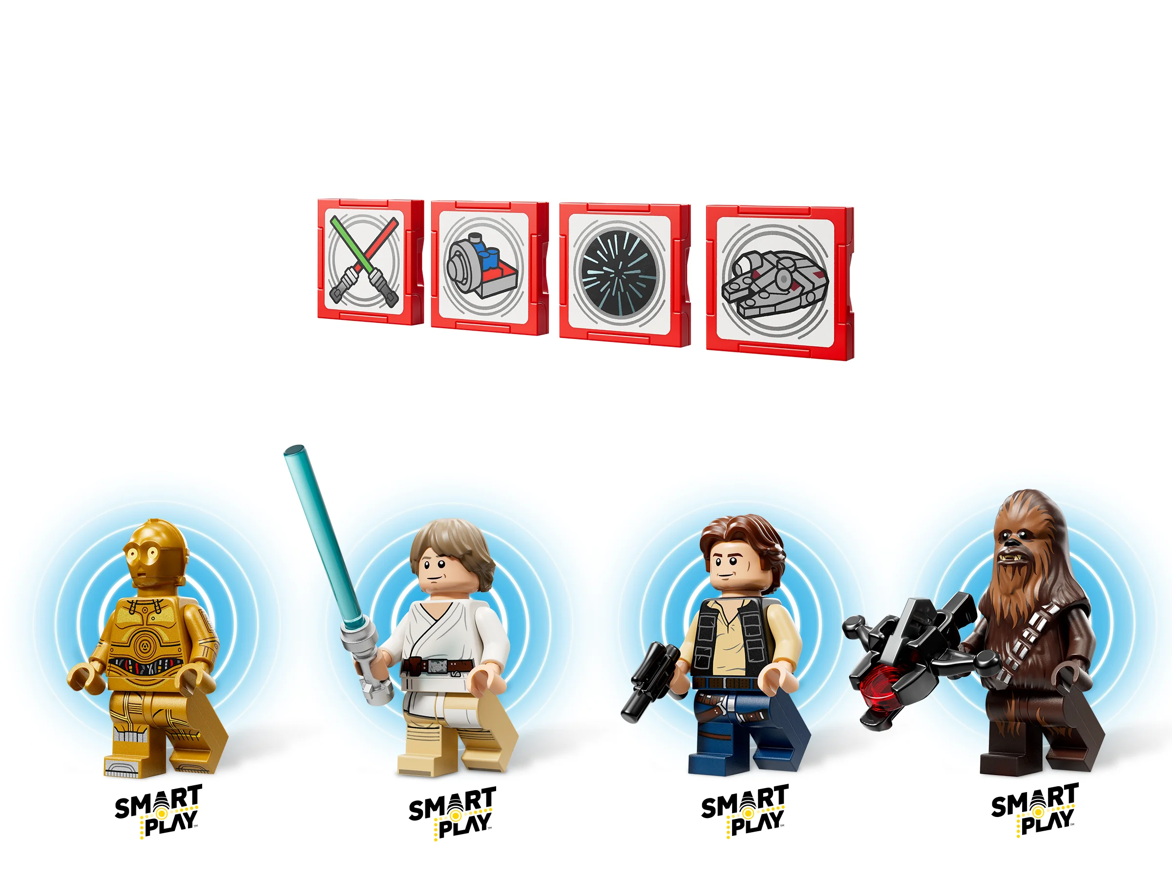 Imagine cu minifigurinele LEGO Star Wars incluse: C-3PO, Luke Skywalker, Han Solo și Chewbacca.