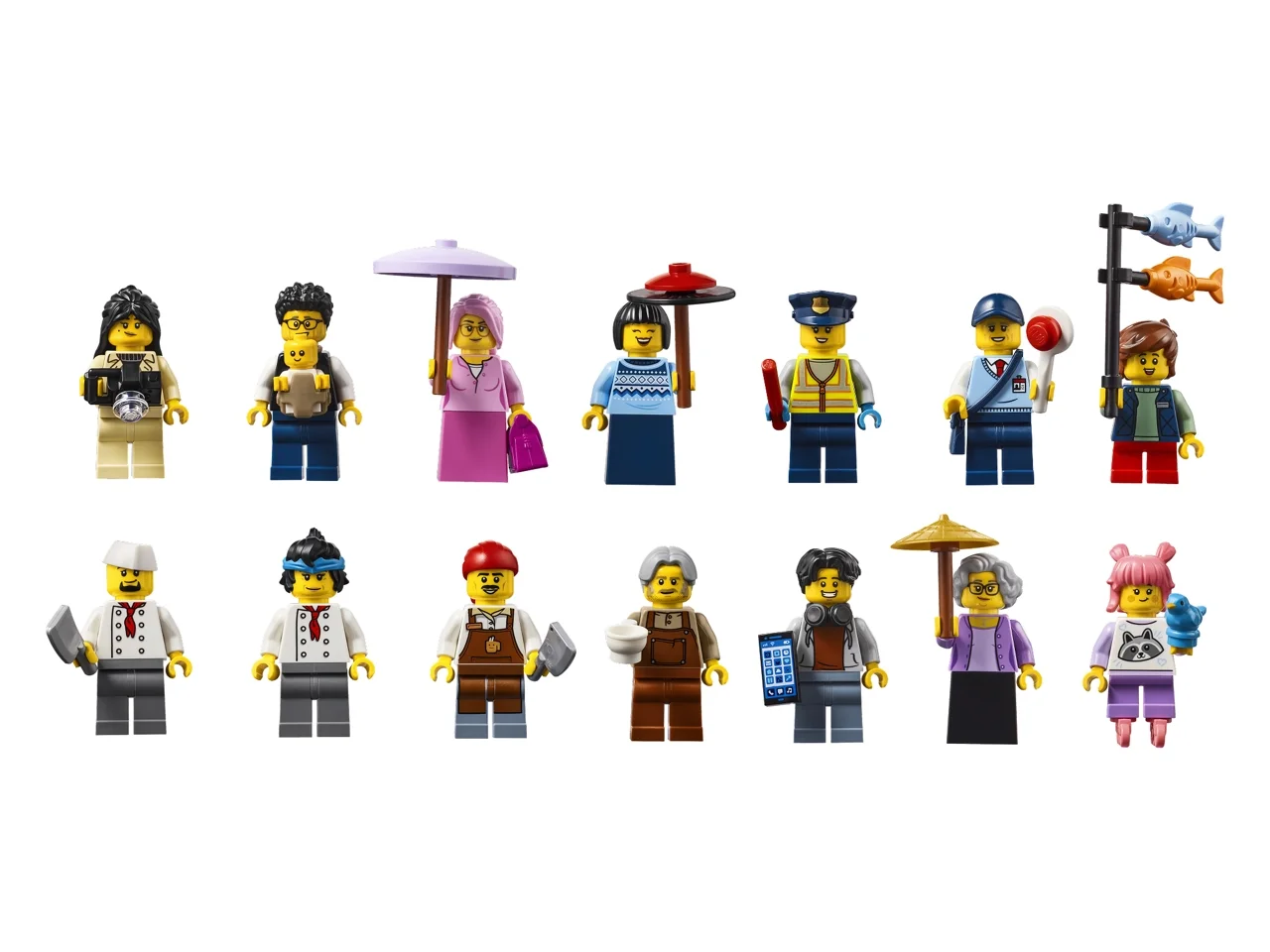 Setul include 14 minifigurine LEGO diverse, fiecare cu accesorii unice și expresii distincte.