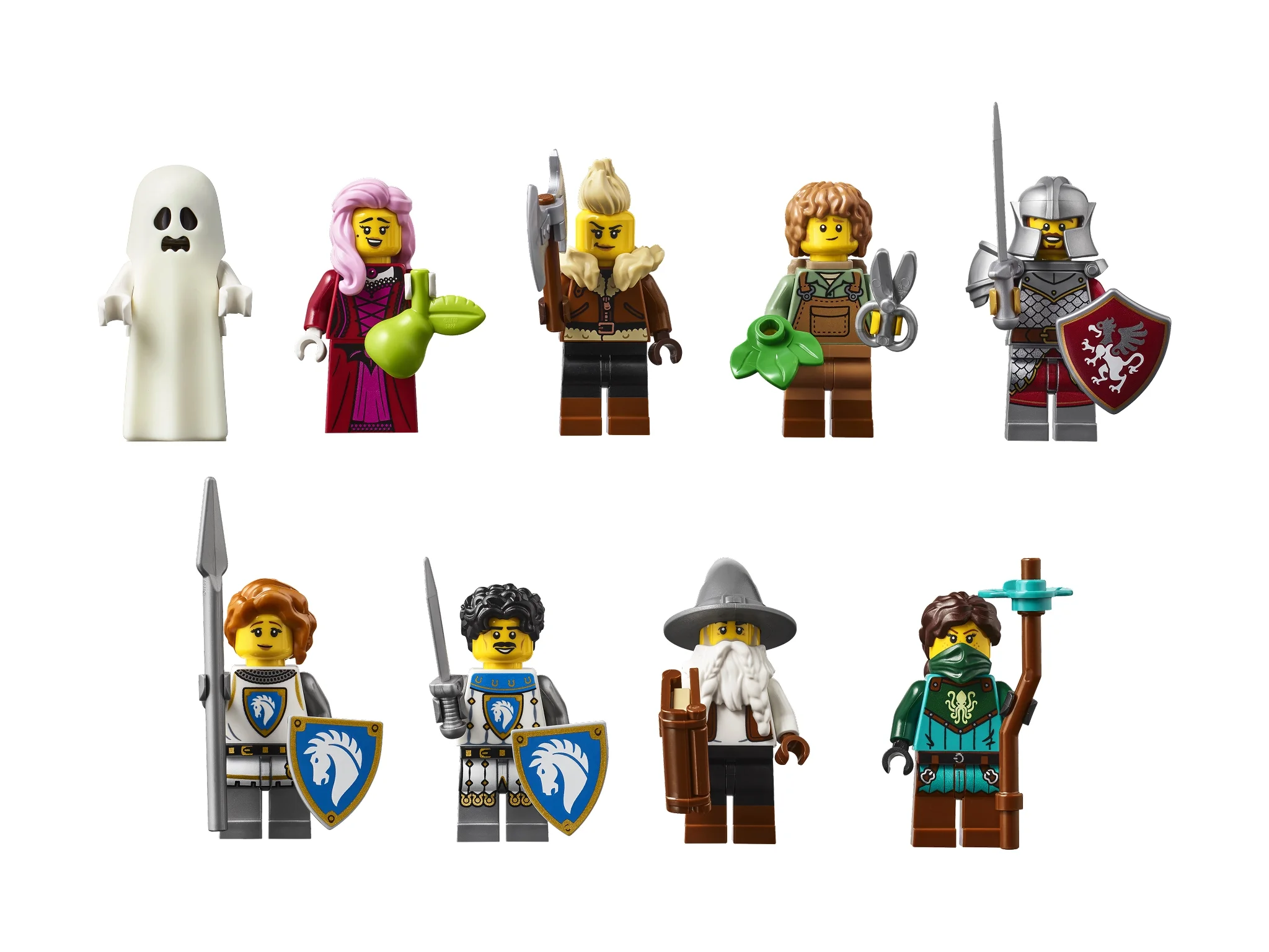 Prezentare a minifigurinelor din setul Alchemist's Shop, cu detalii despre fiecare personaj.