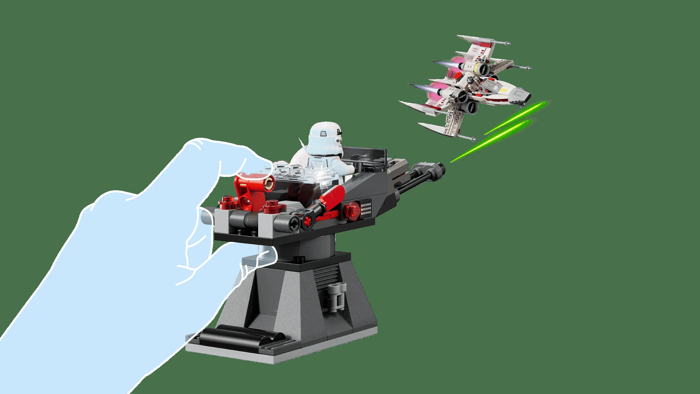 Un soldat imperial LEGO trage cu tunul după X-wing-ul lui Luke. Distracție Star Wars!