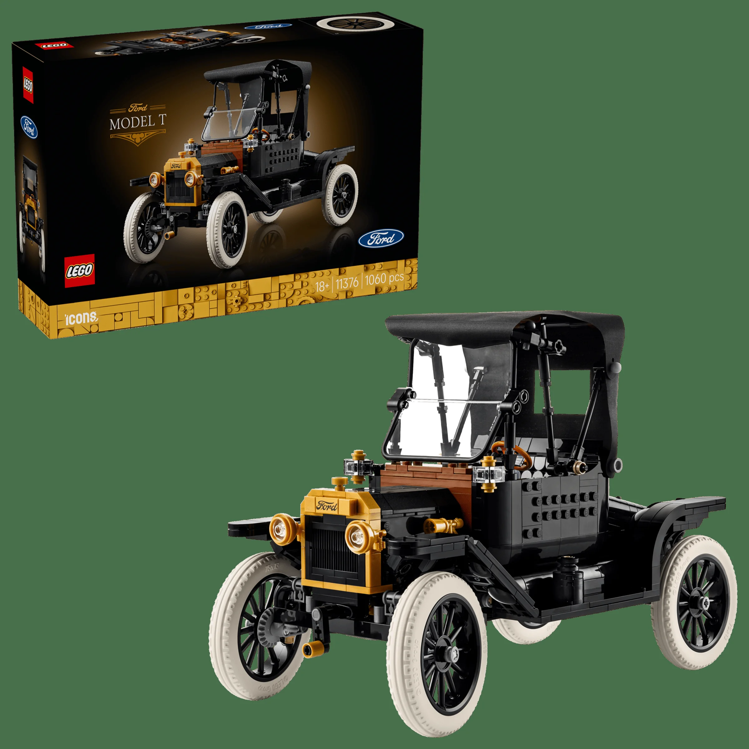 Imagine cu setul LEGO Ford Model T (11376) și cutia. Model detaliat, negru și auriu.