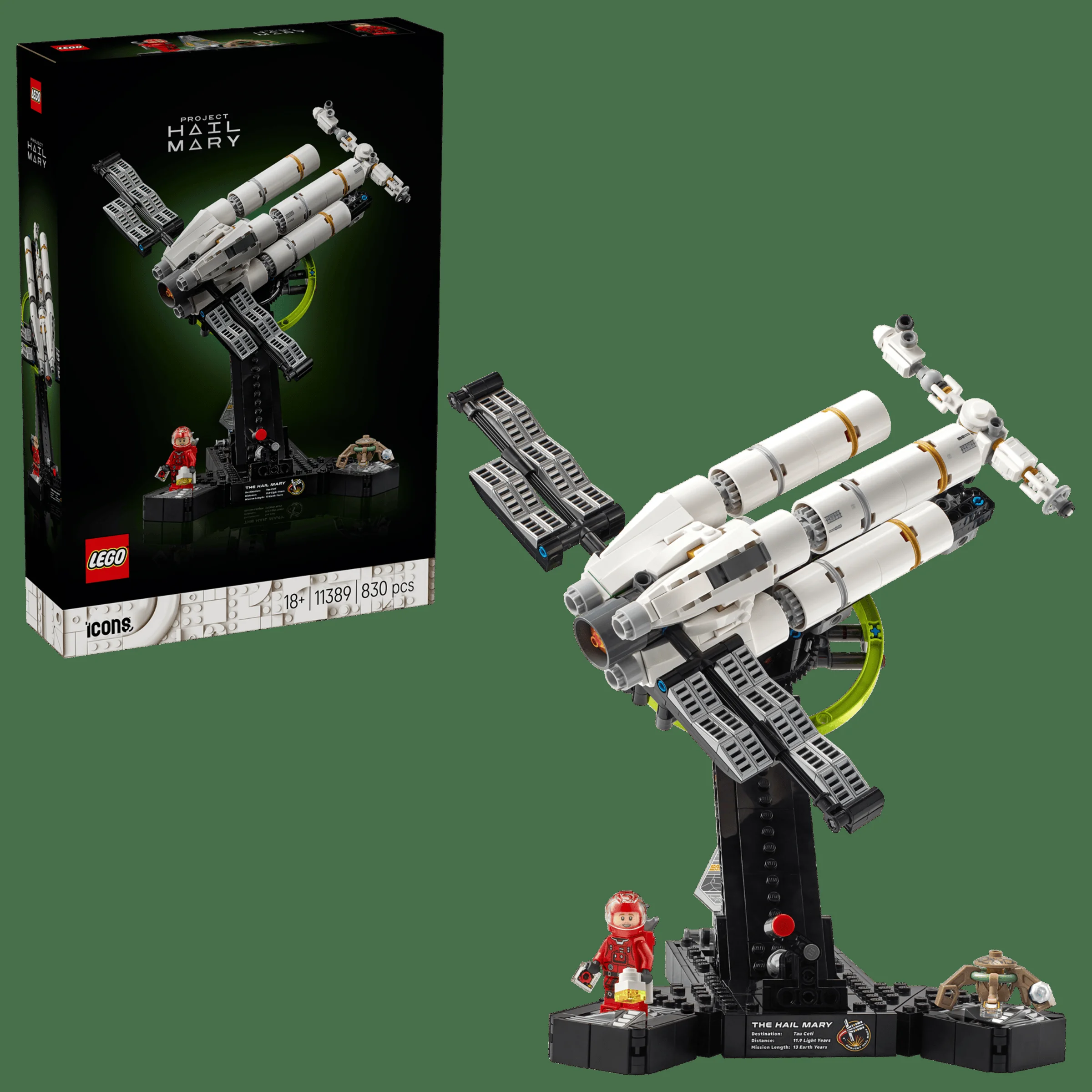 Imagine cu nava Hail Mary LEGO, cu cutia. Detalii ale modelului și ale minifigurinei incluse.