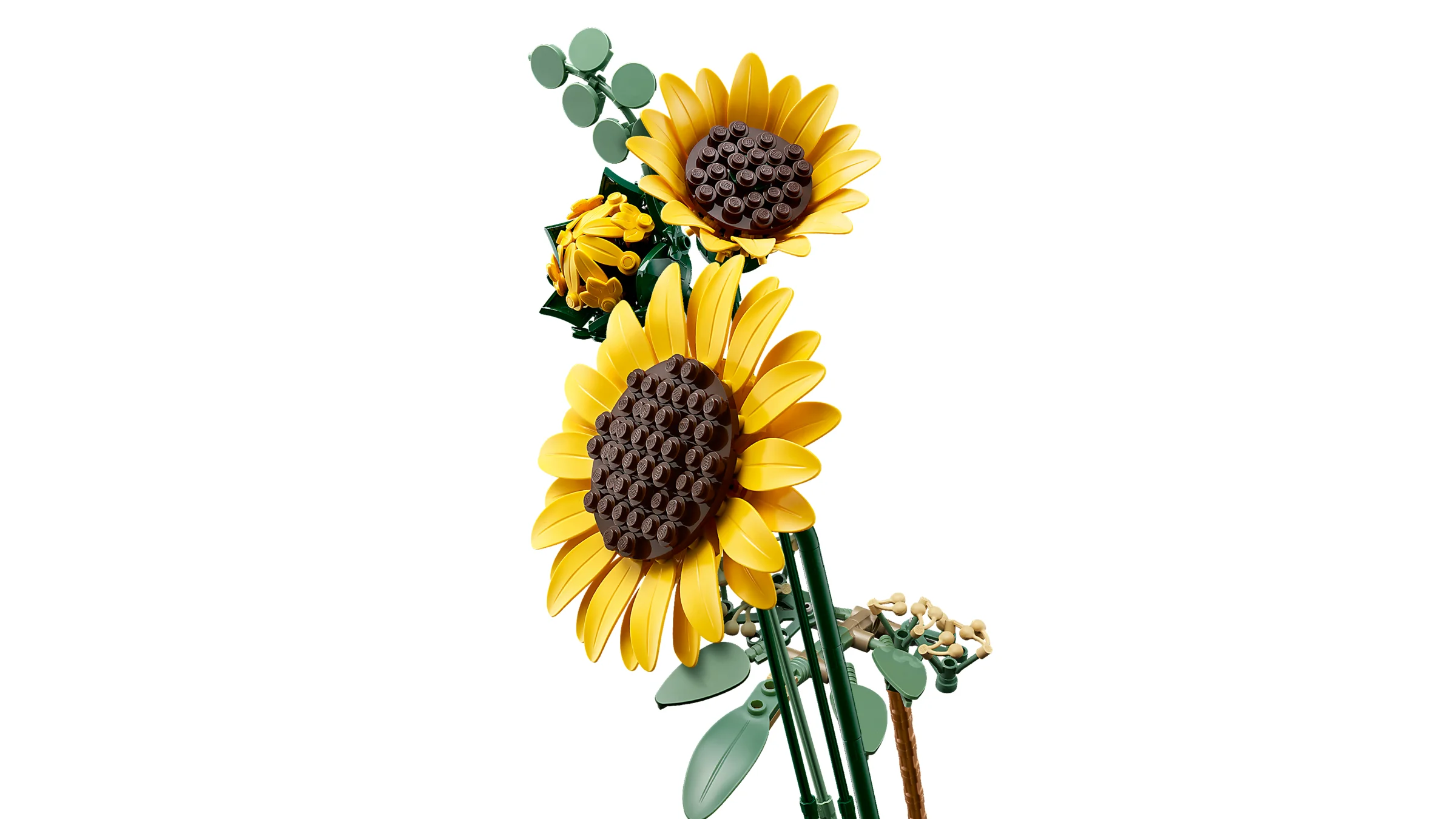 Un buchet LEGO cu floarea soarelui, detaliat și viu colorat, perfect pentru decor.