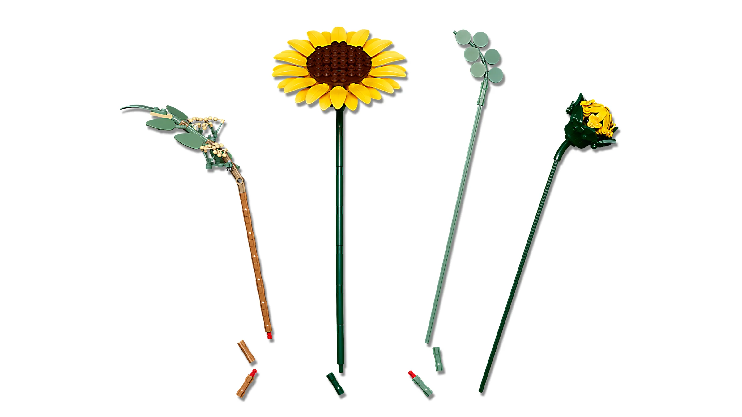 Imagine cu buchetul LEGO 11502, conținând floarea soarelui și alte elemente florale.
