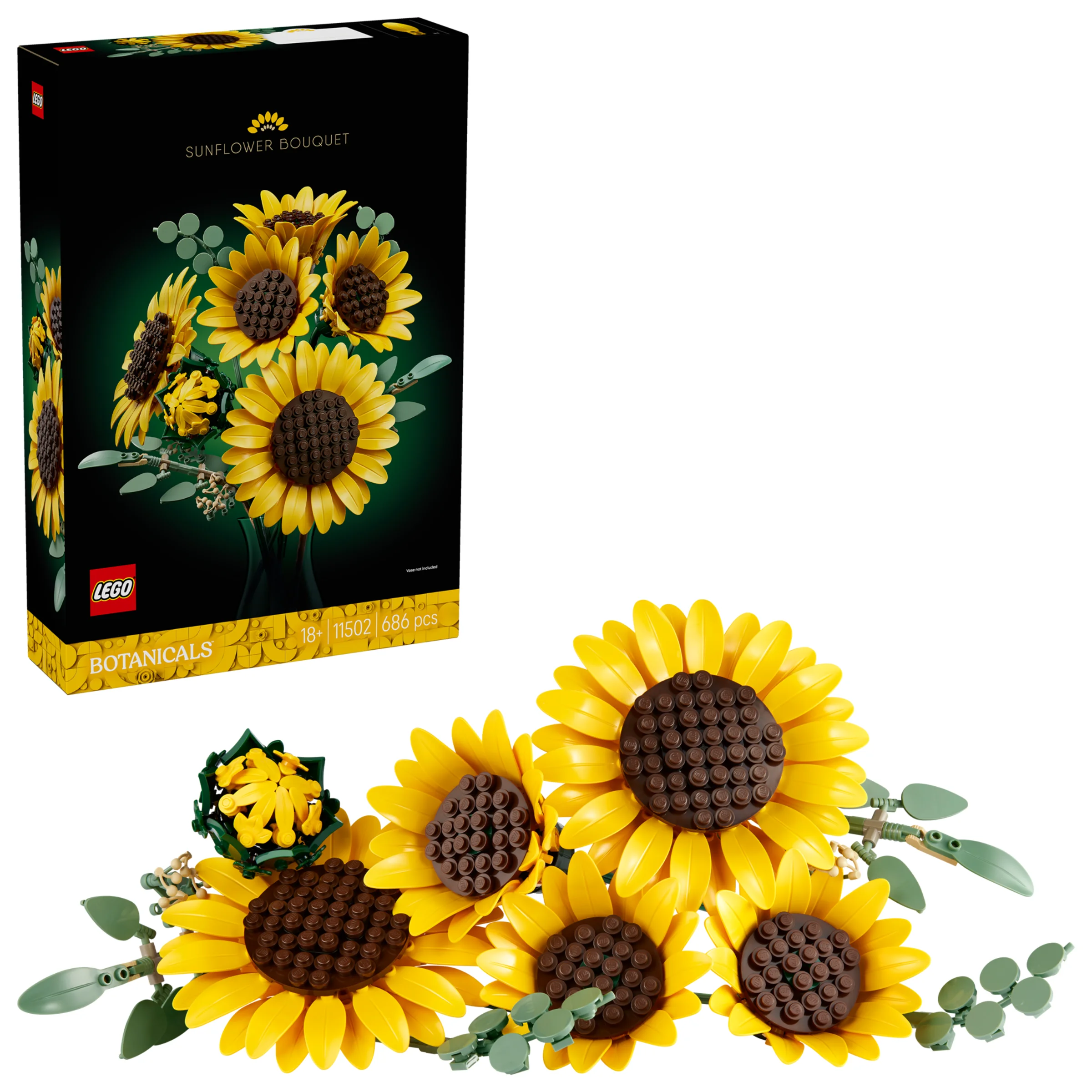 Imagine cu setul LEGO 11502, buchet de floarea-soarelui, alături de cutia produsului. O idee de cadou unică.