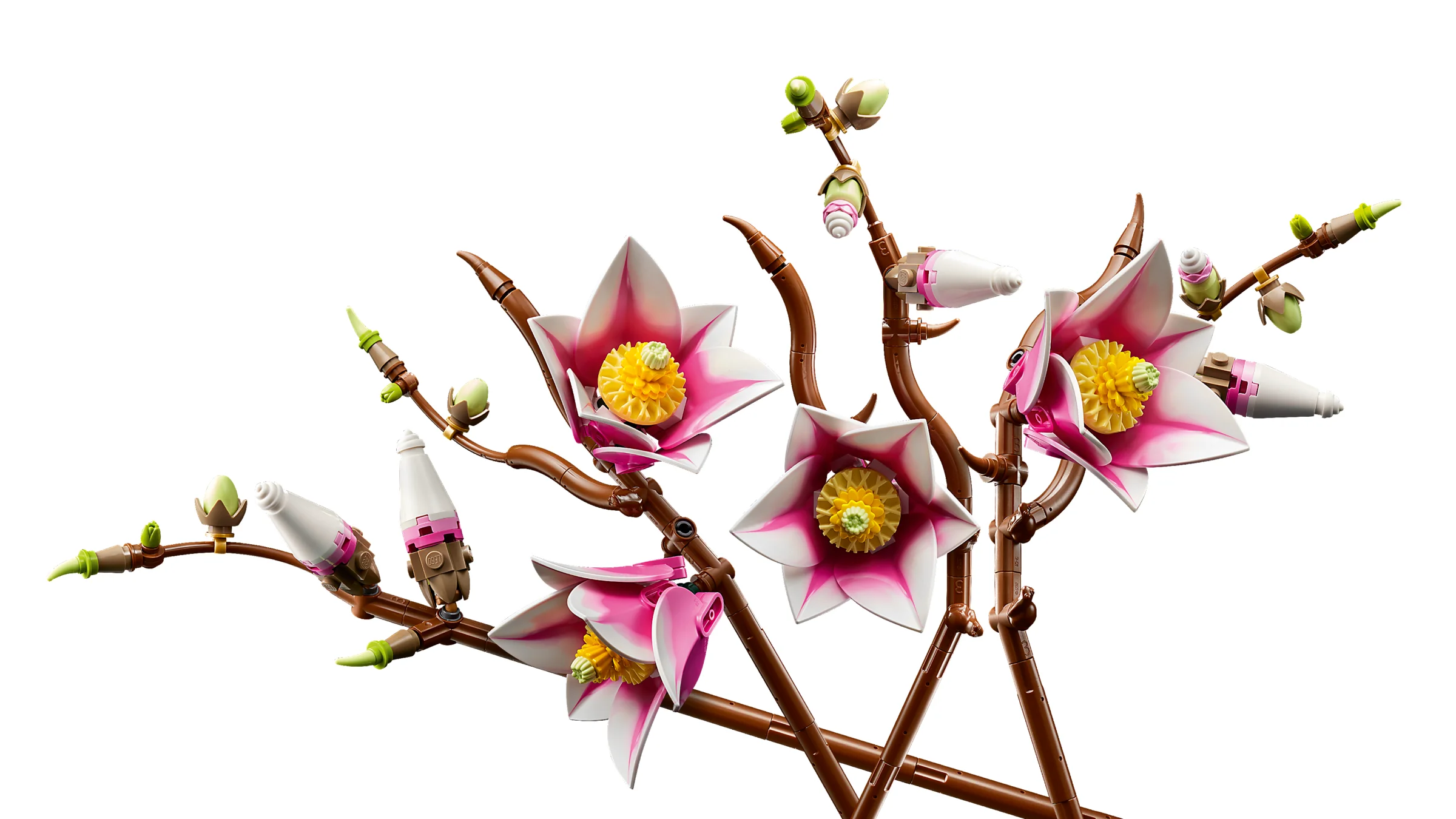 Imagine cu ramuri de magnolie LEGO, cu flori roz și albe și muguri. Detaliu floral încântător.
