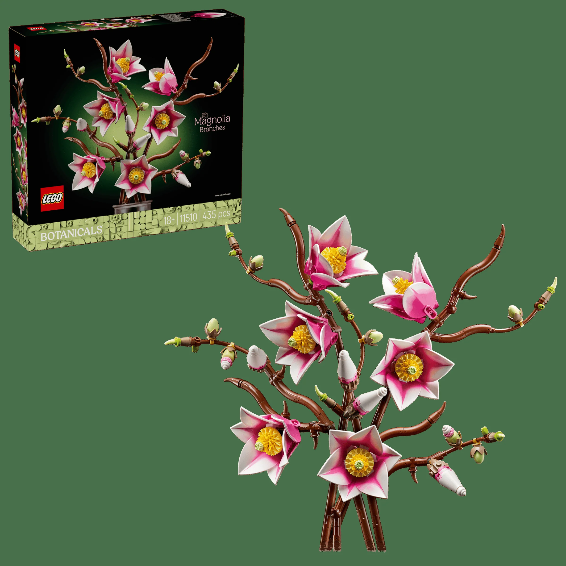 Imagine cu setul LEGO 11510 Ramuri de Magnolia și cutia sa, prezentând florile construite.