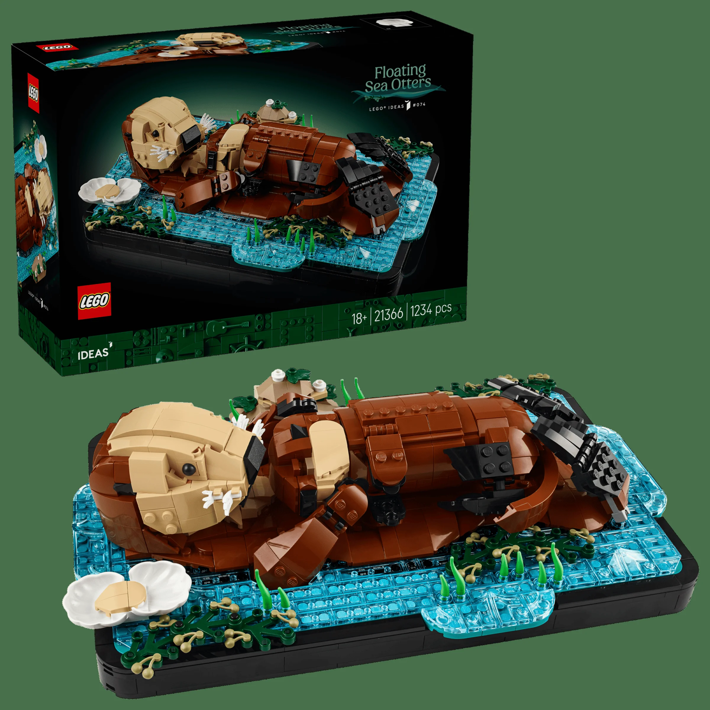 Imagine cu setul LEGO 21366, vidre de mare plutitoare, cu ambalajul și modelul construit. Detaliile sunt bine reprezentate.