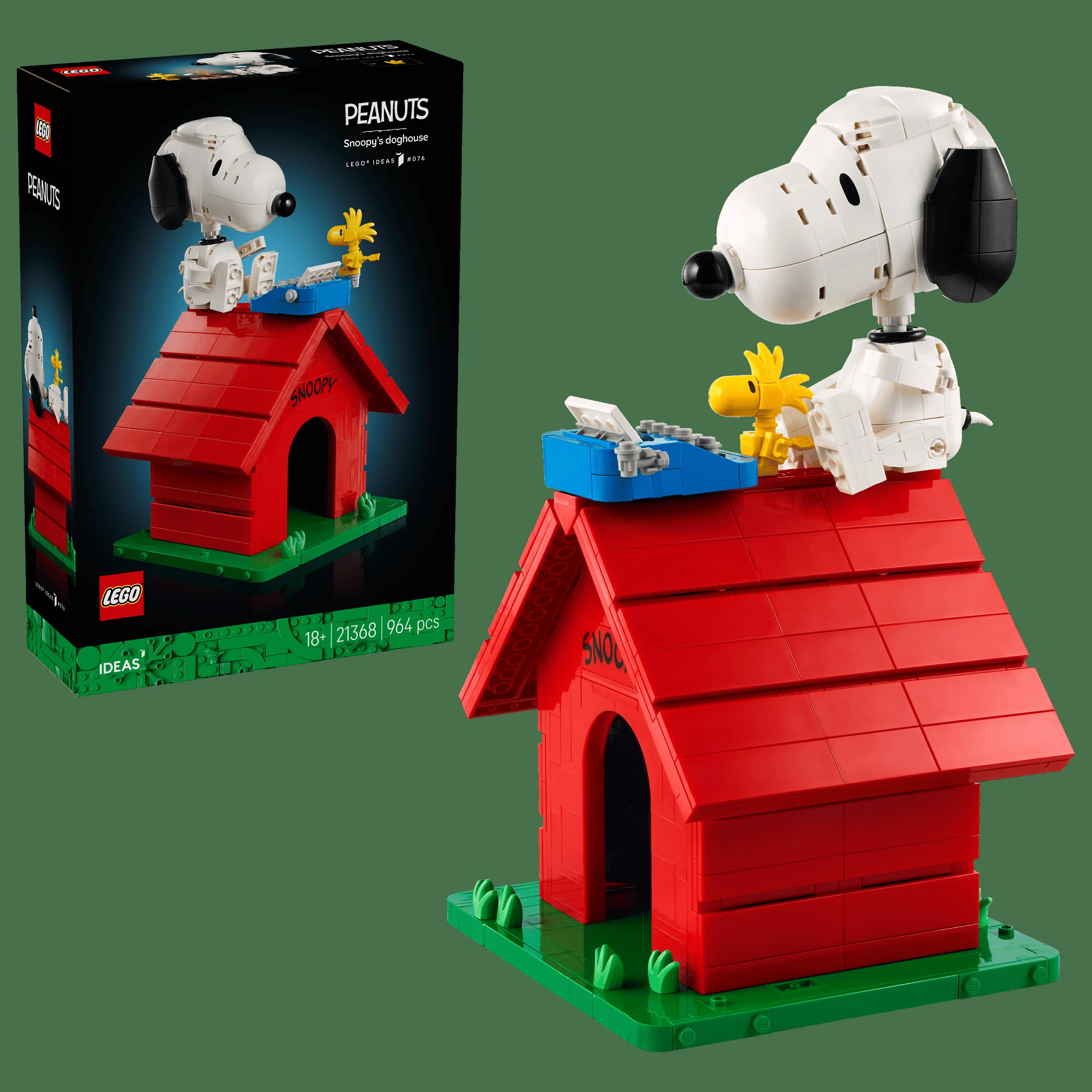 Imagine cu căsuța lui Snoopy, un set LEGO Ideas. Include căsuța roșie, Snoopy și cutia produsului.