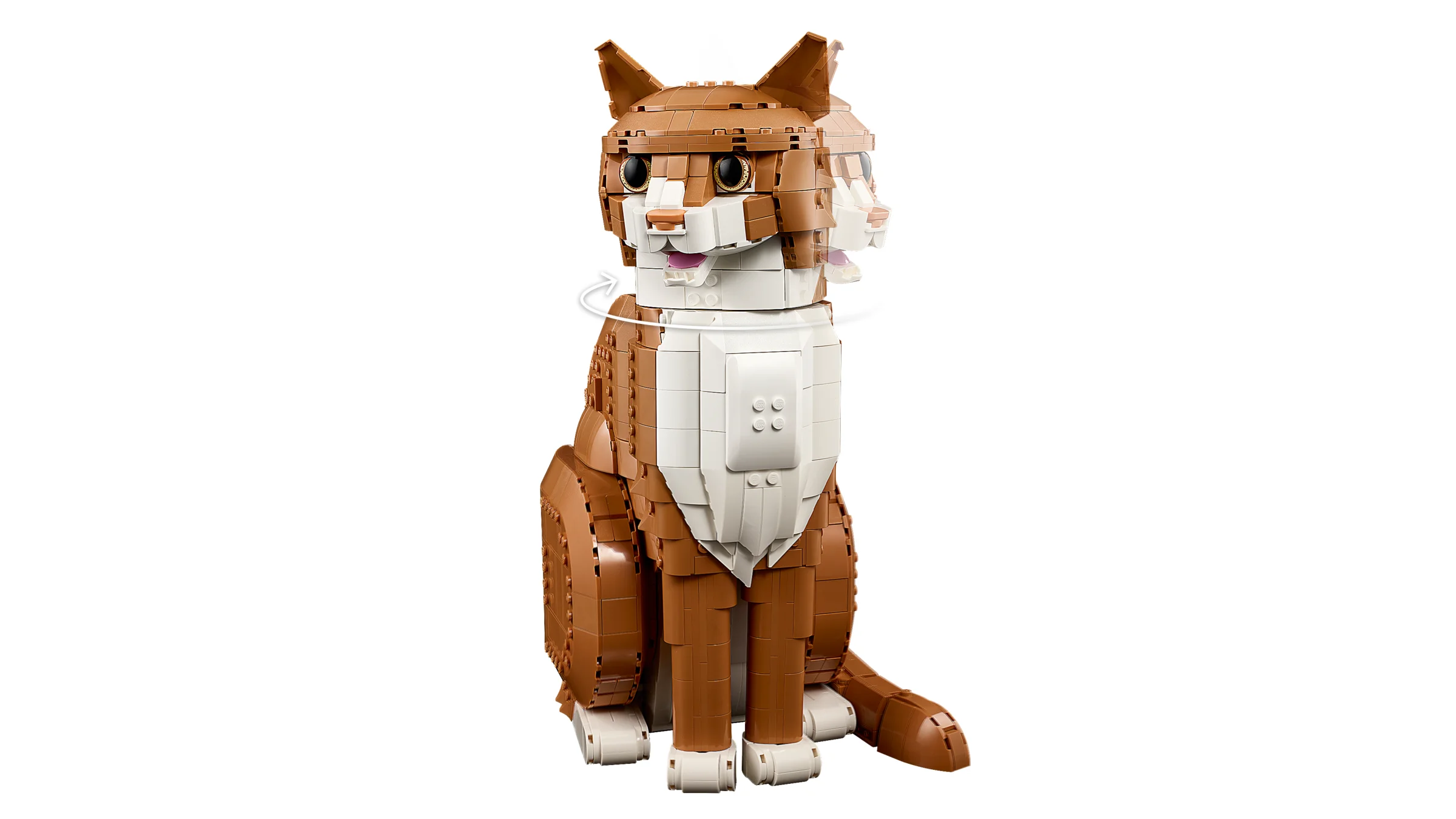 Model LEGO pisică portocalie, cu cap rotativ. Design drăguț, ideal pentru fanii LEGO și iubitorii de pisici.