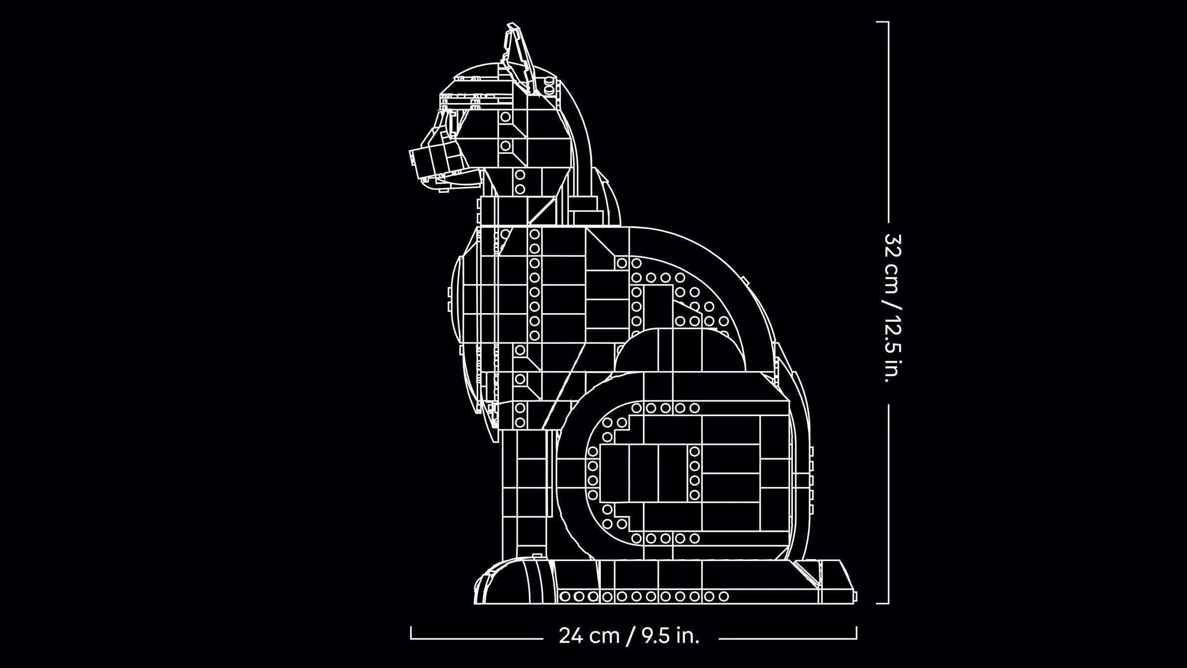 Plan schematic cu dimensiunile pisicii LEGO portocalii: 32 cm înălțime, 24 cm lățime.